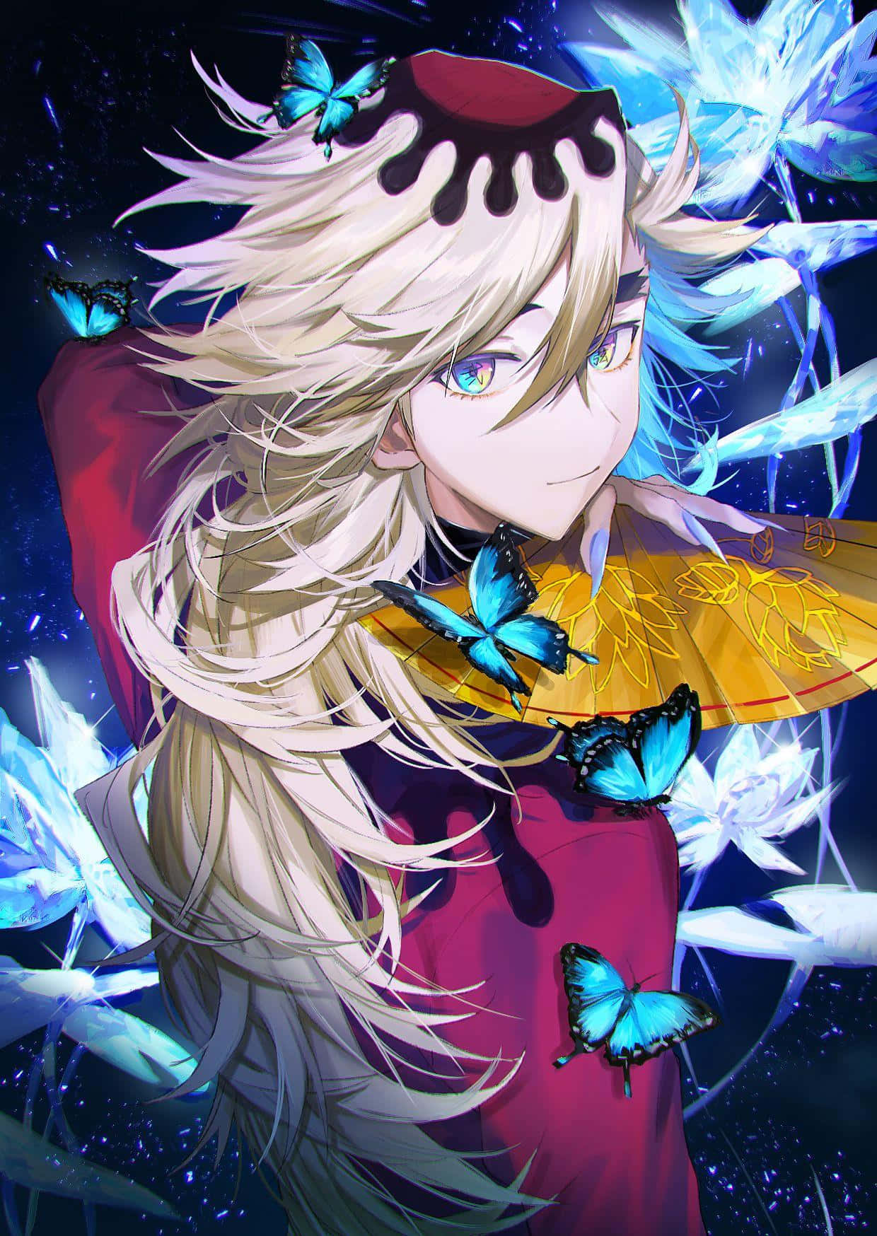 blonde anime girl, blue butterflies, glowing ice flowers, HD Phone Wallpaper