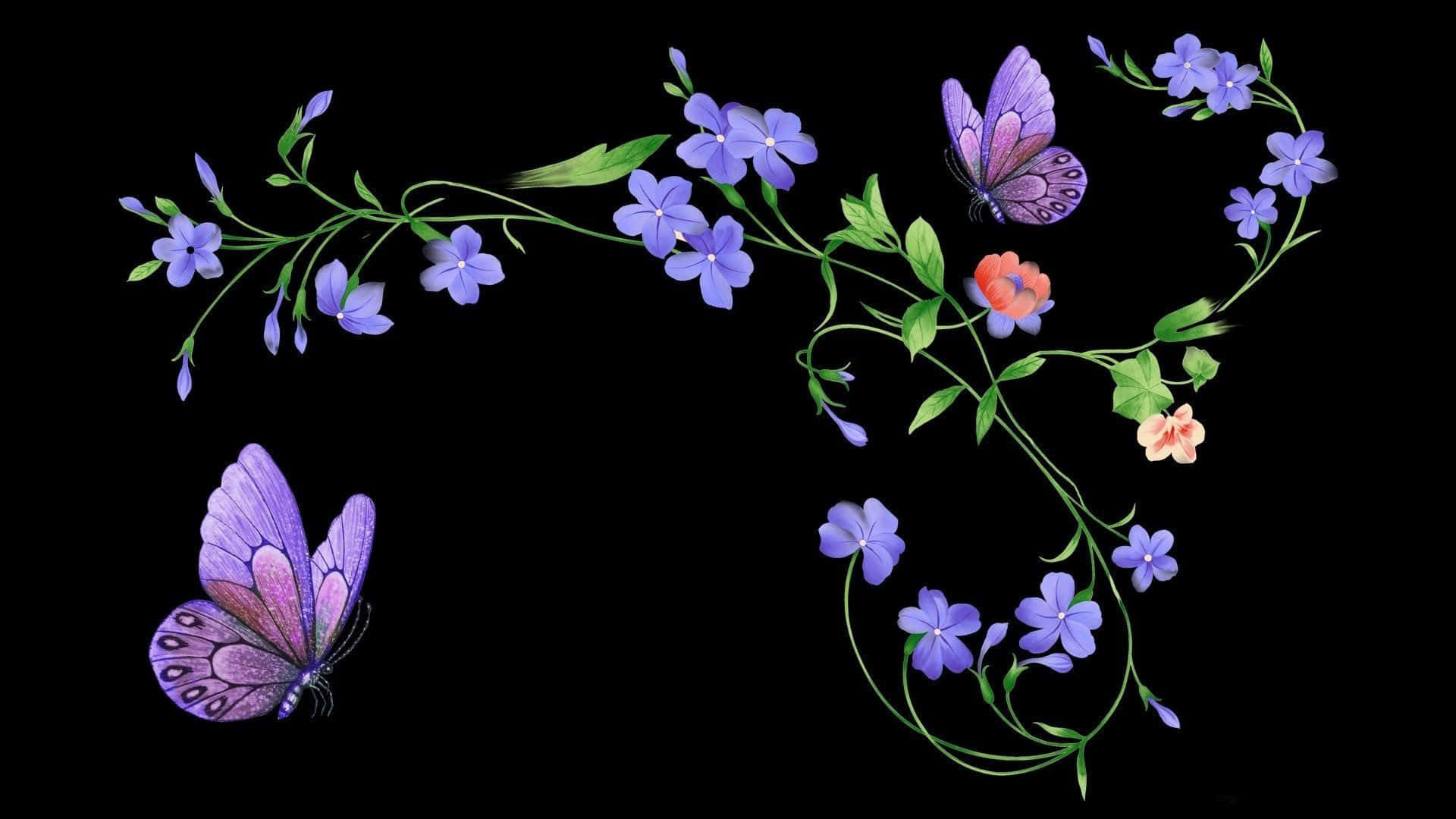 butterfly art, purple butterflies, blue flowers, Full HD Desktop Wallpaper