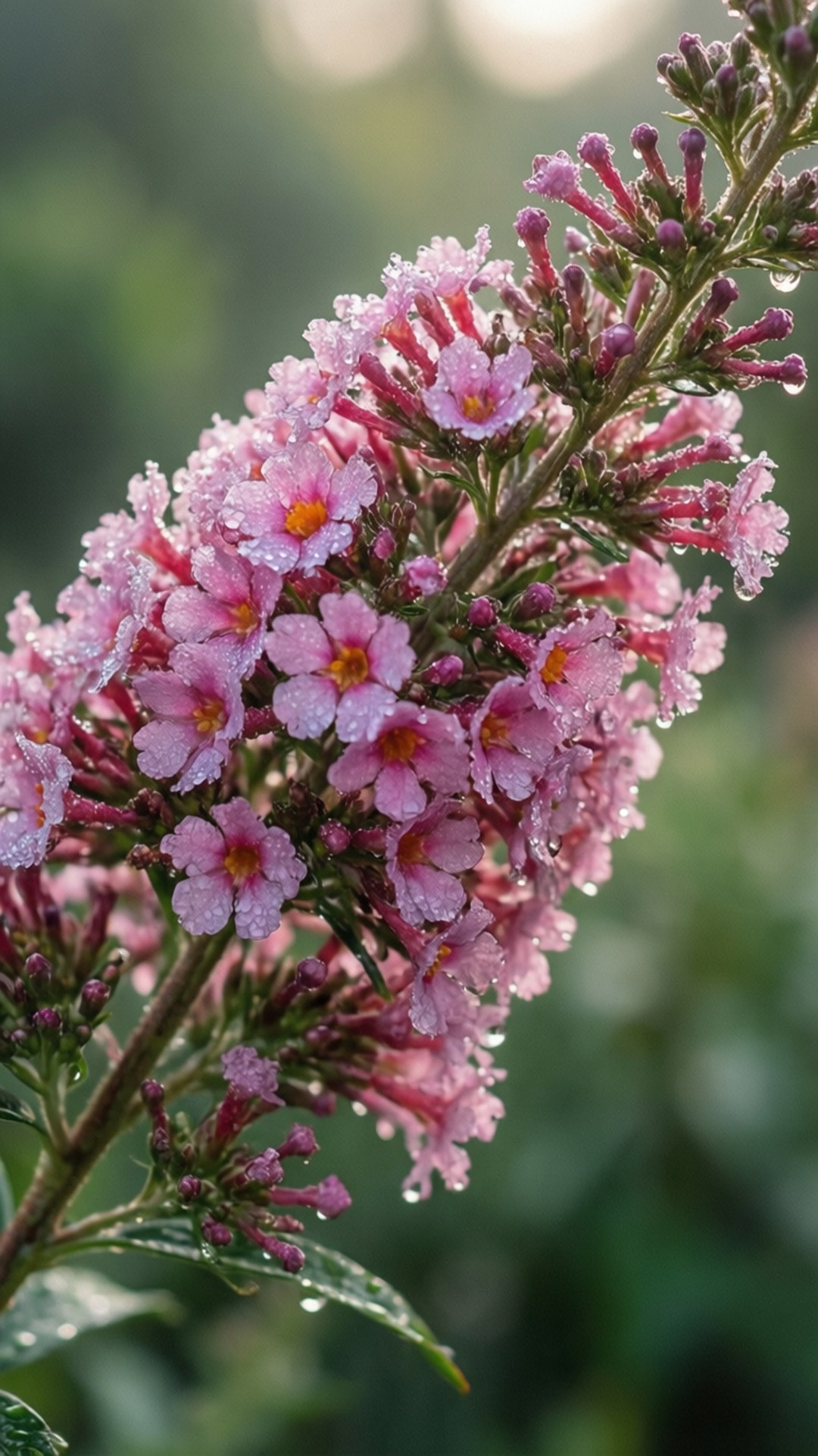 dewy butterfly bush macro, pink butterfly bush flowers, dewdrops, Full HD Phone Wallpaper