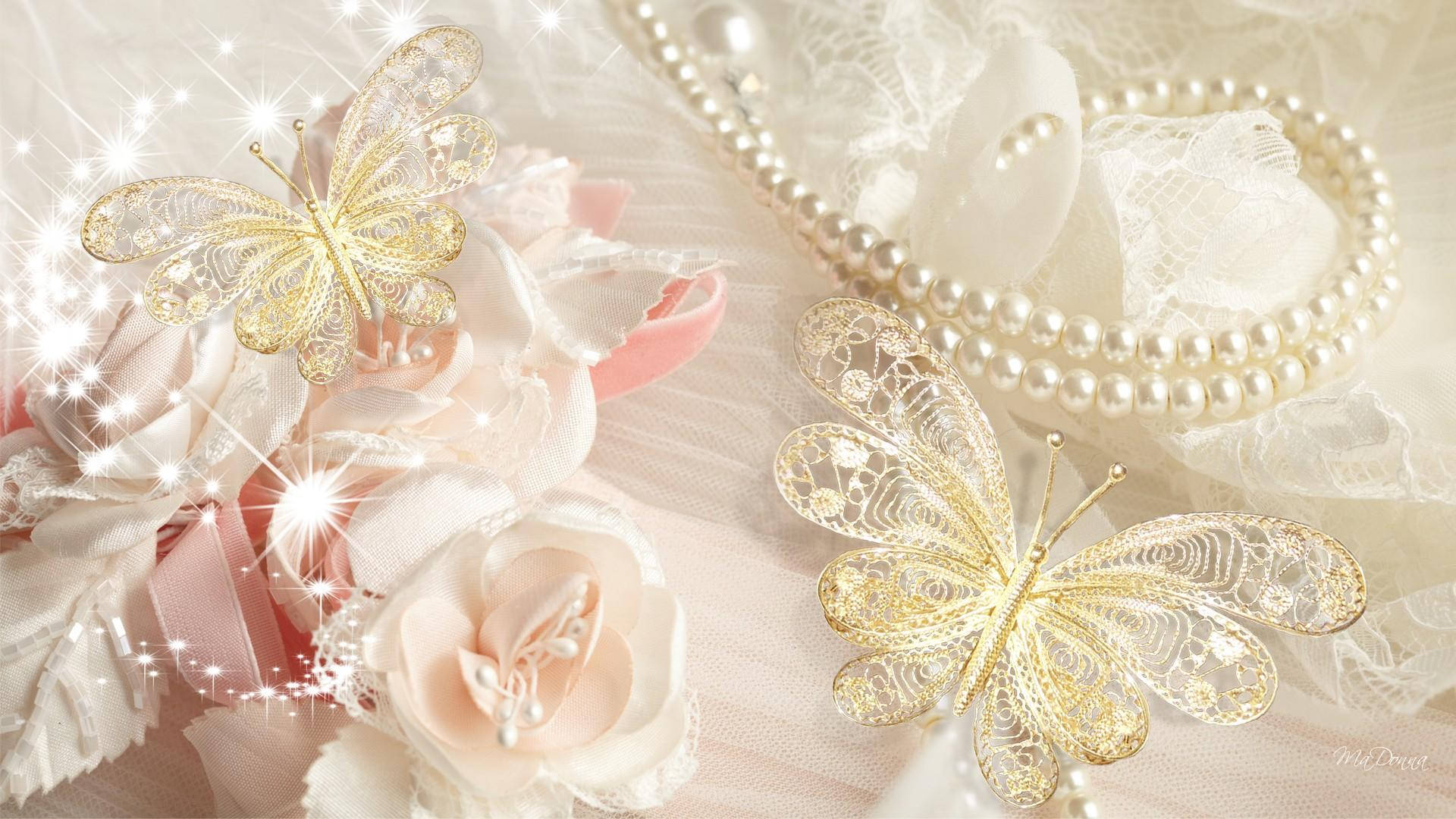 Golden filigree butterflies, soft pink and white roses, pearl necklaces, Full HD Desktop Wallpaper