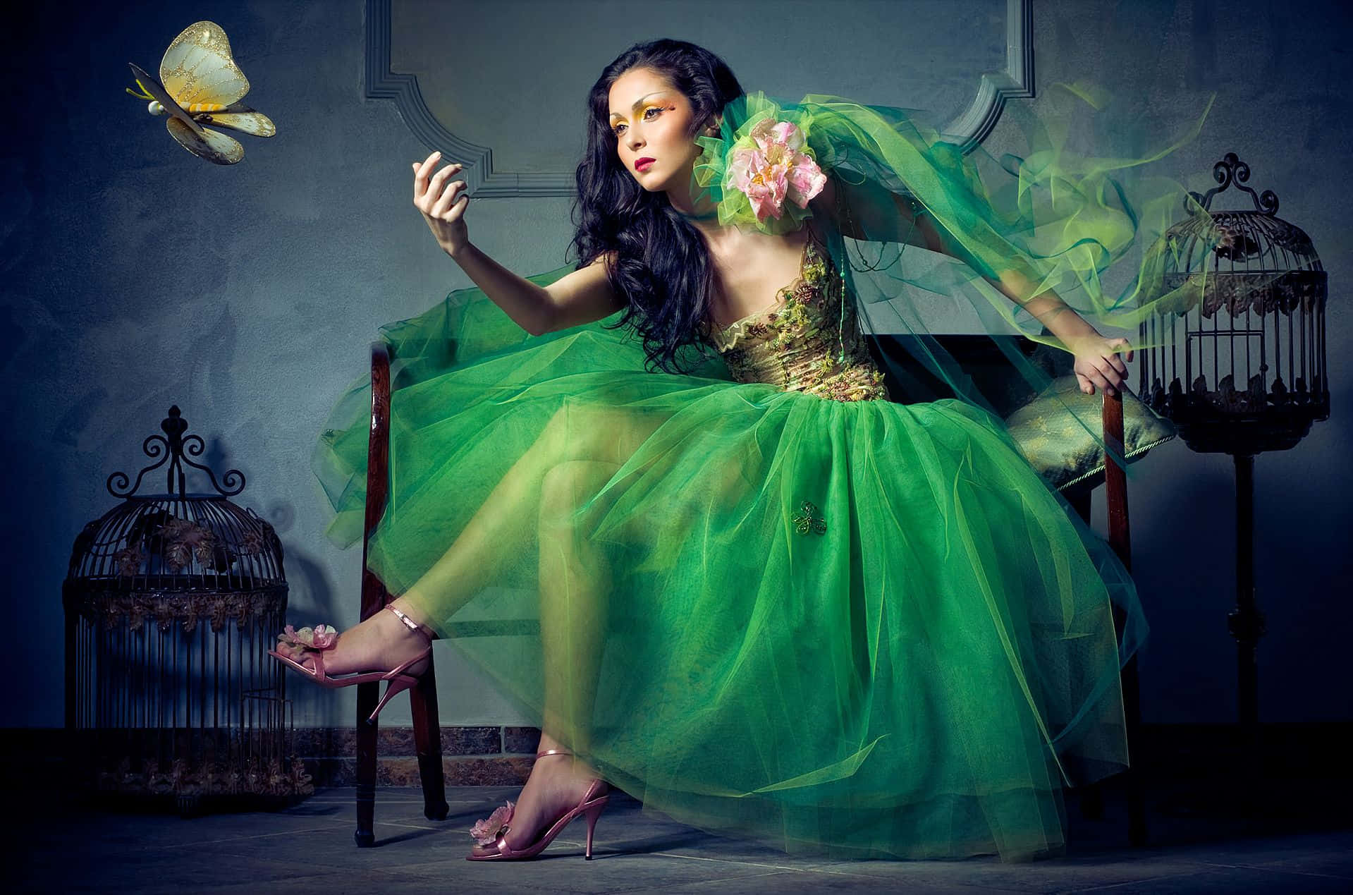 butterfly dress, green gown, ornate birdcages, HD Desktop Wallpaper