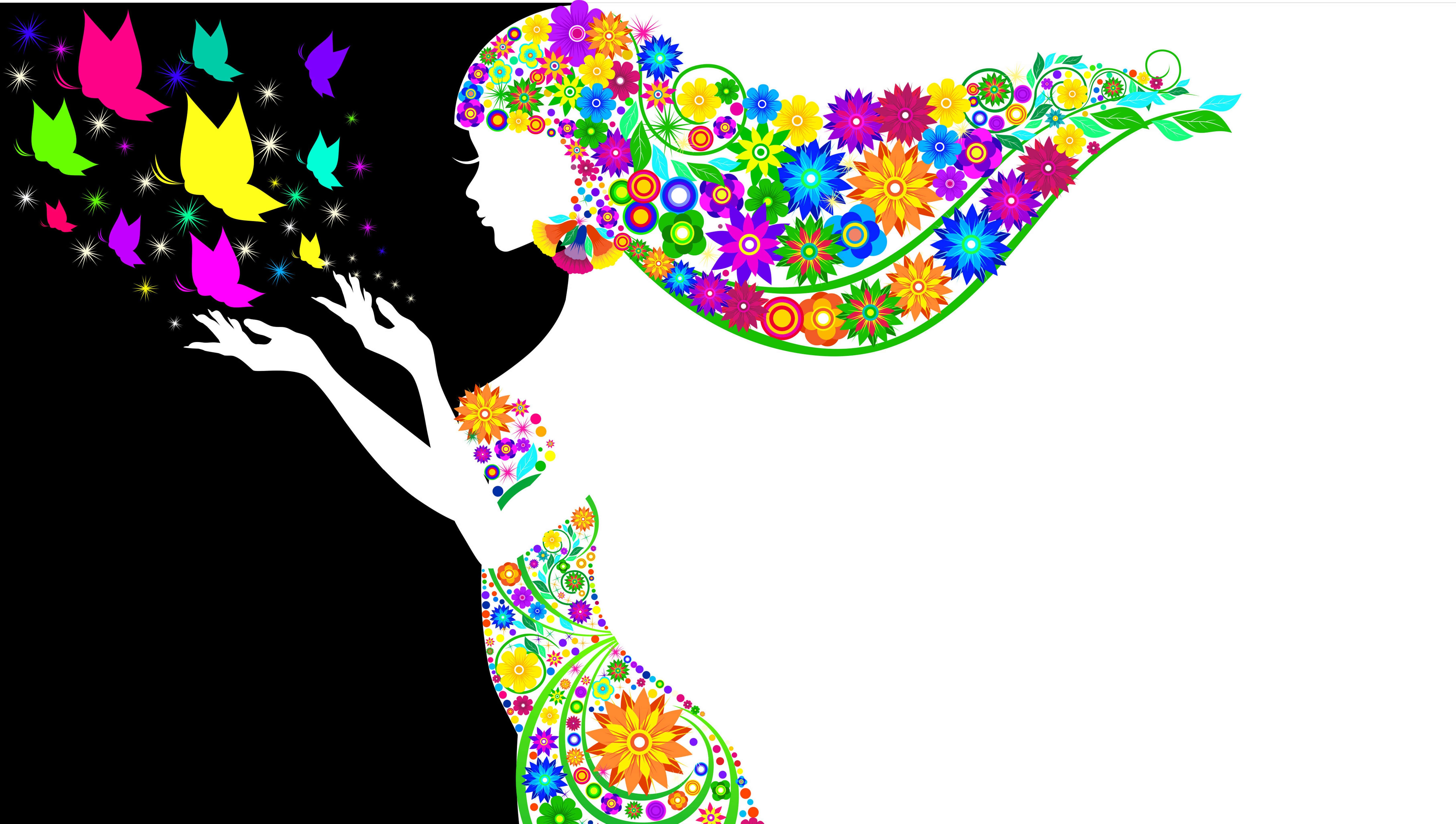 colorful butterfly dress, vibrant silhouette, flowing floral hair, 5K Desktop Wallpaper