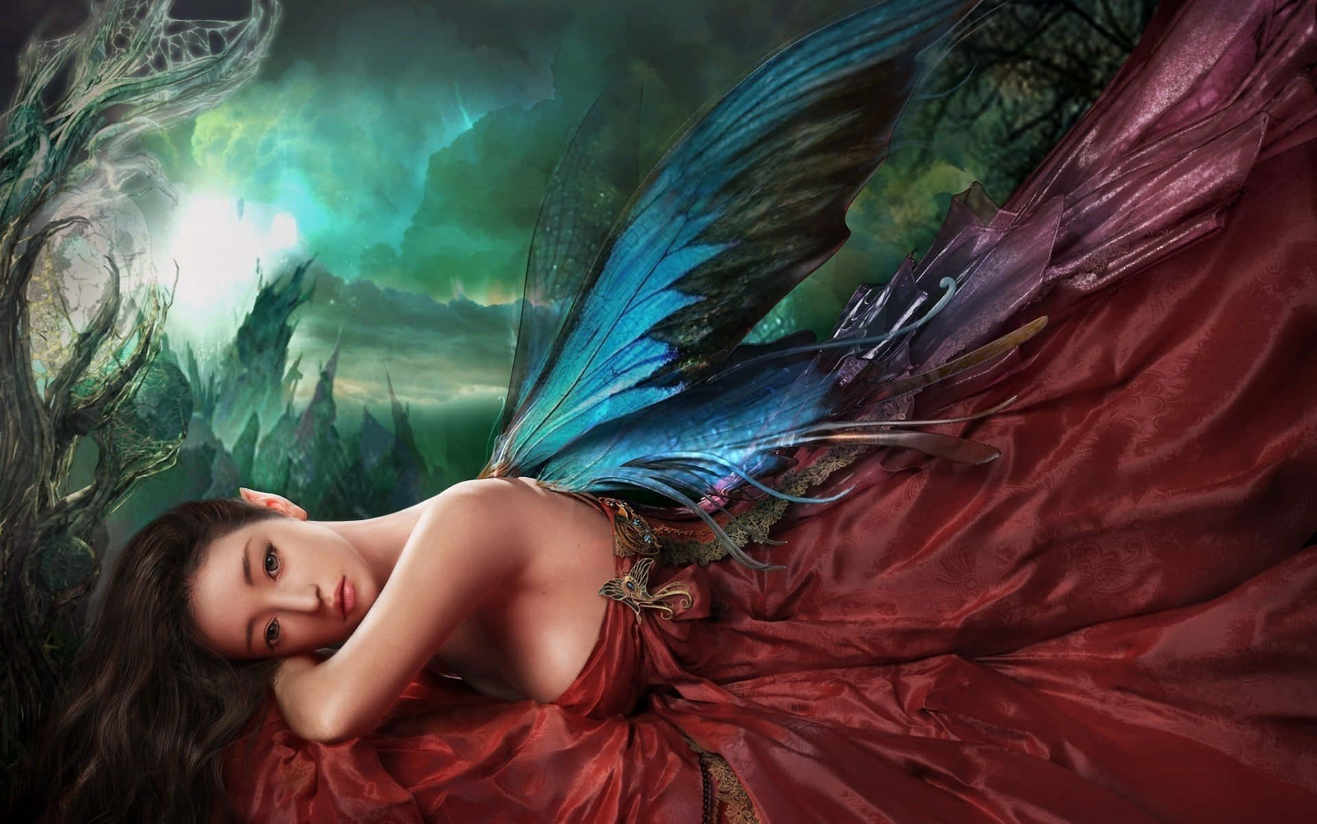 butterfly wings, blue butterfly wings, red gown, Full HD Desktop Wallpaper