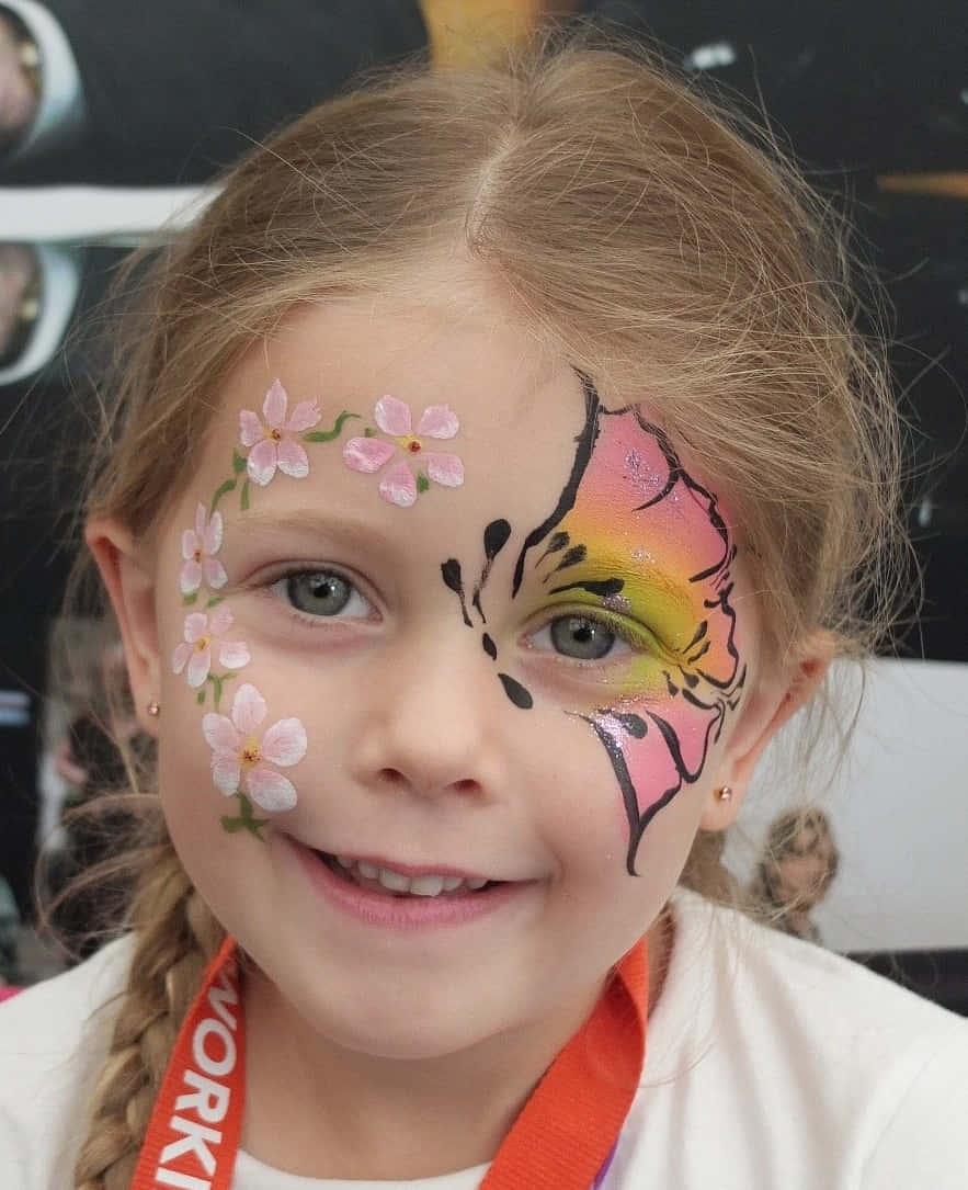 Butterfly Face Painting, pink cherry blossoms, vibrant butterfly design, SD Phone Wallpaper