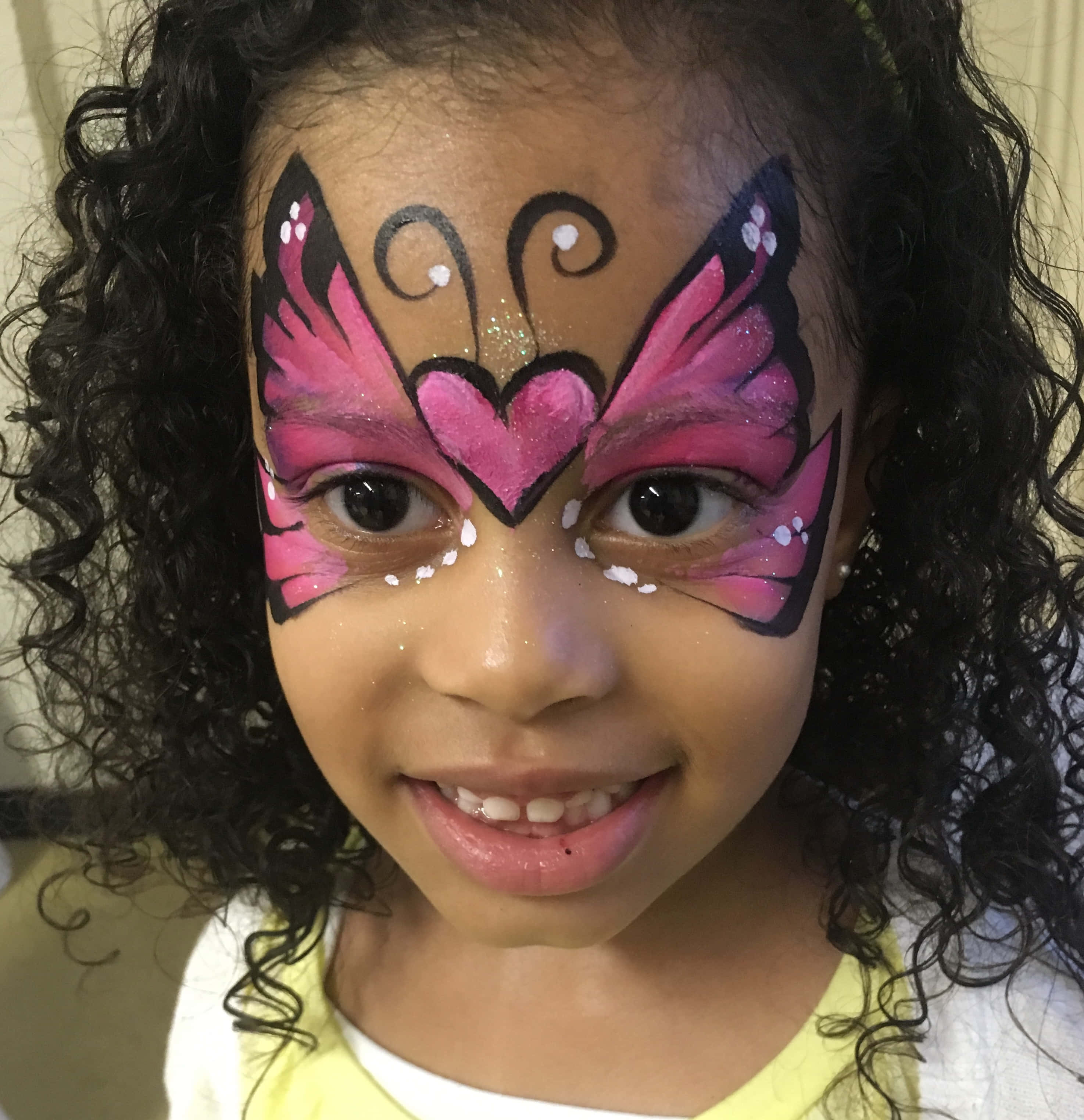 butterfly face painting, vibrant pink, glitter accents, 2K Phone Wallpaper