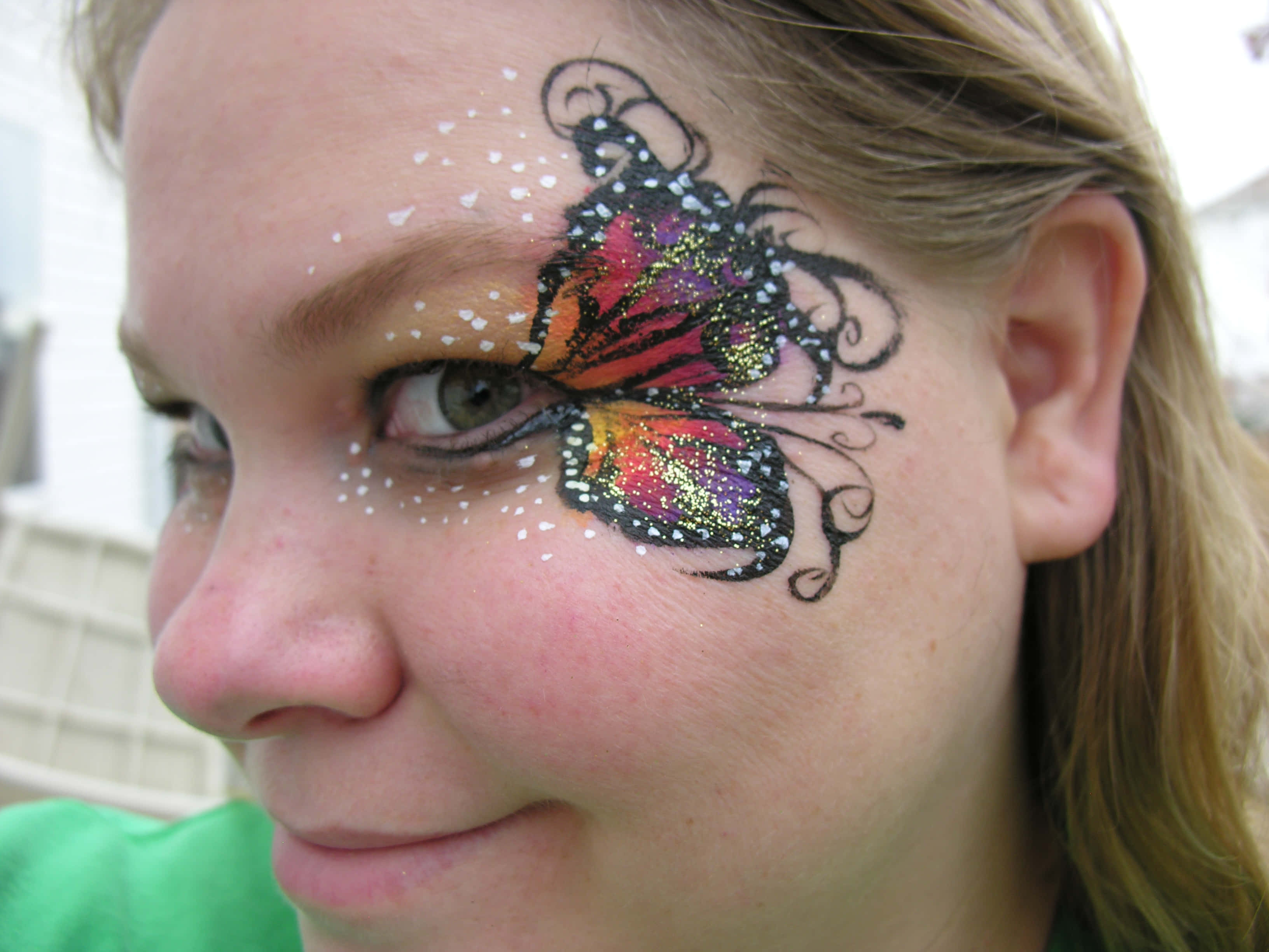 butterfly face painting, glittery colorful butterfly, white dots, 2K Desktop Wallpaper