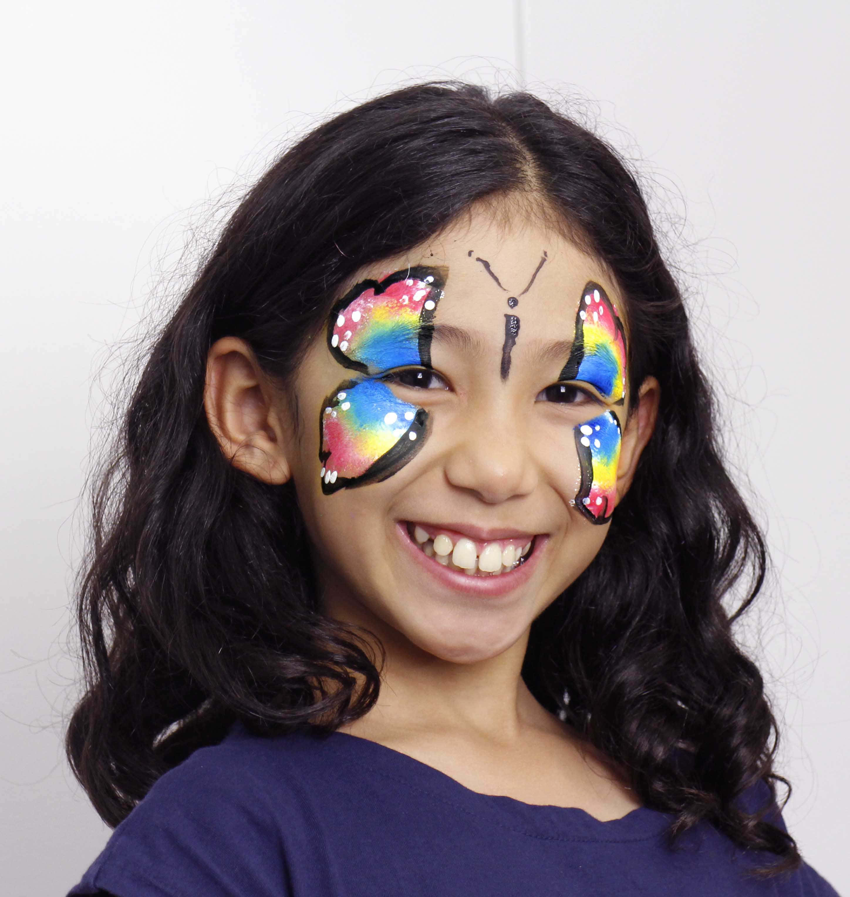 butterfly face painting, dark curls, colorful butterfly face paint, 2K Phone Wallpaper