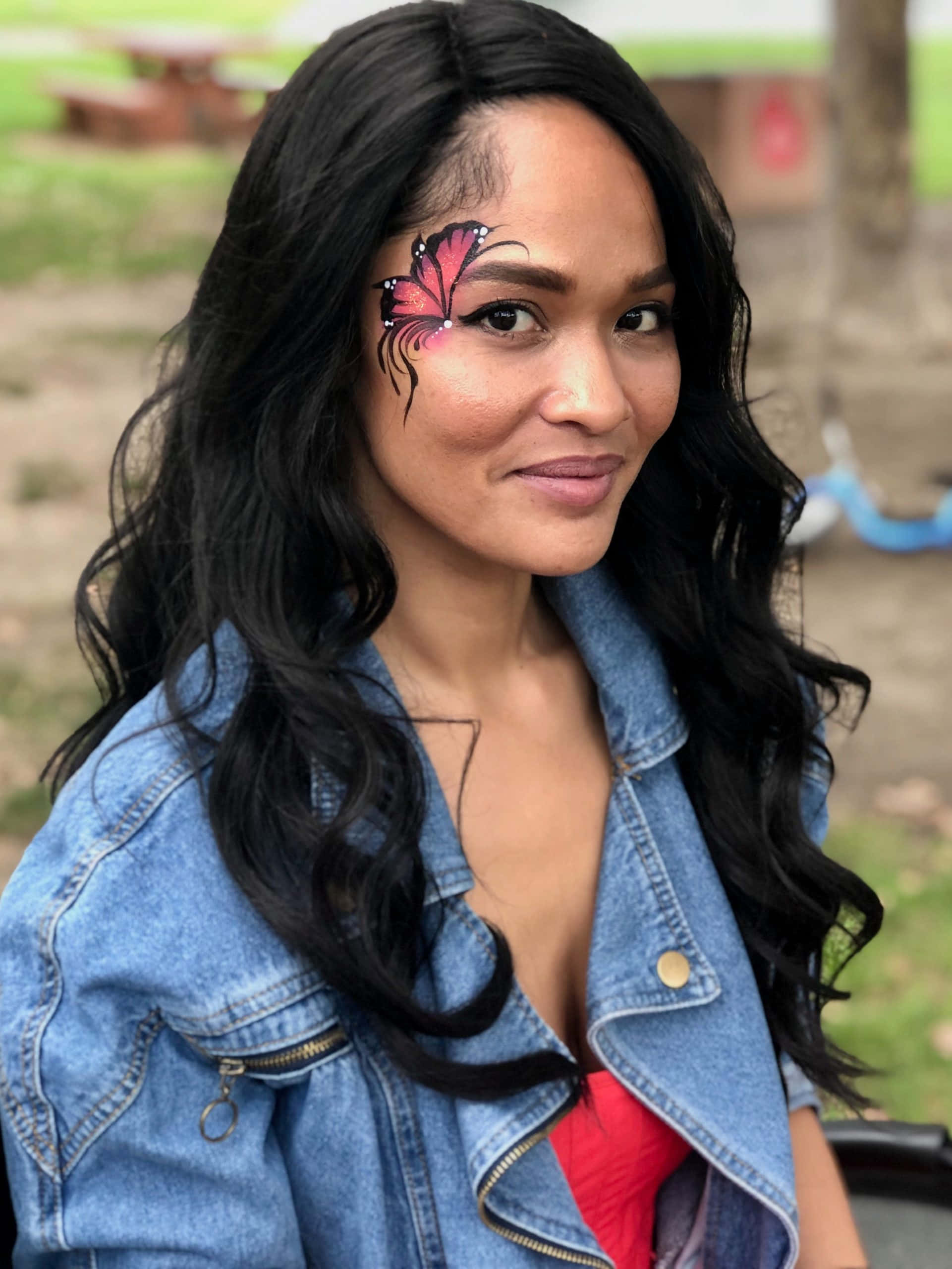 butterfly face painting, denim jacket, long dark hair, 2K Phone Wallpaper