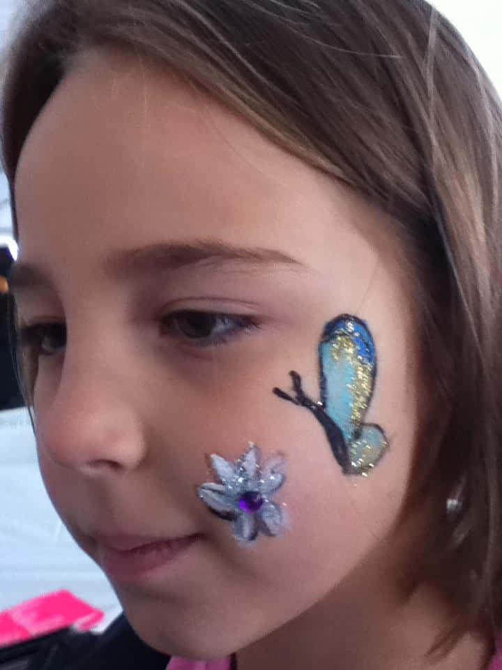 butterfly face painting, glittery blue butterfly, silver flower, SD Phone Wallpaper