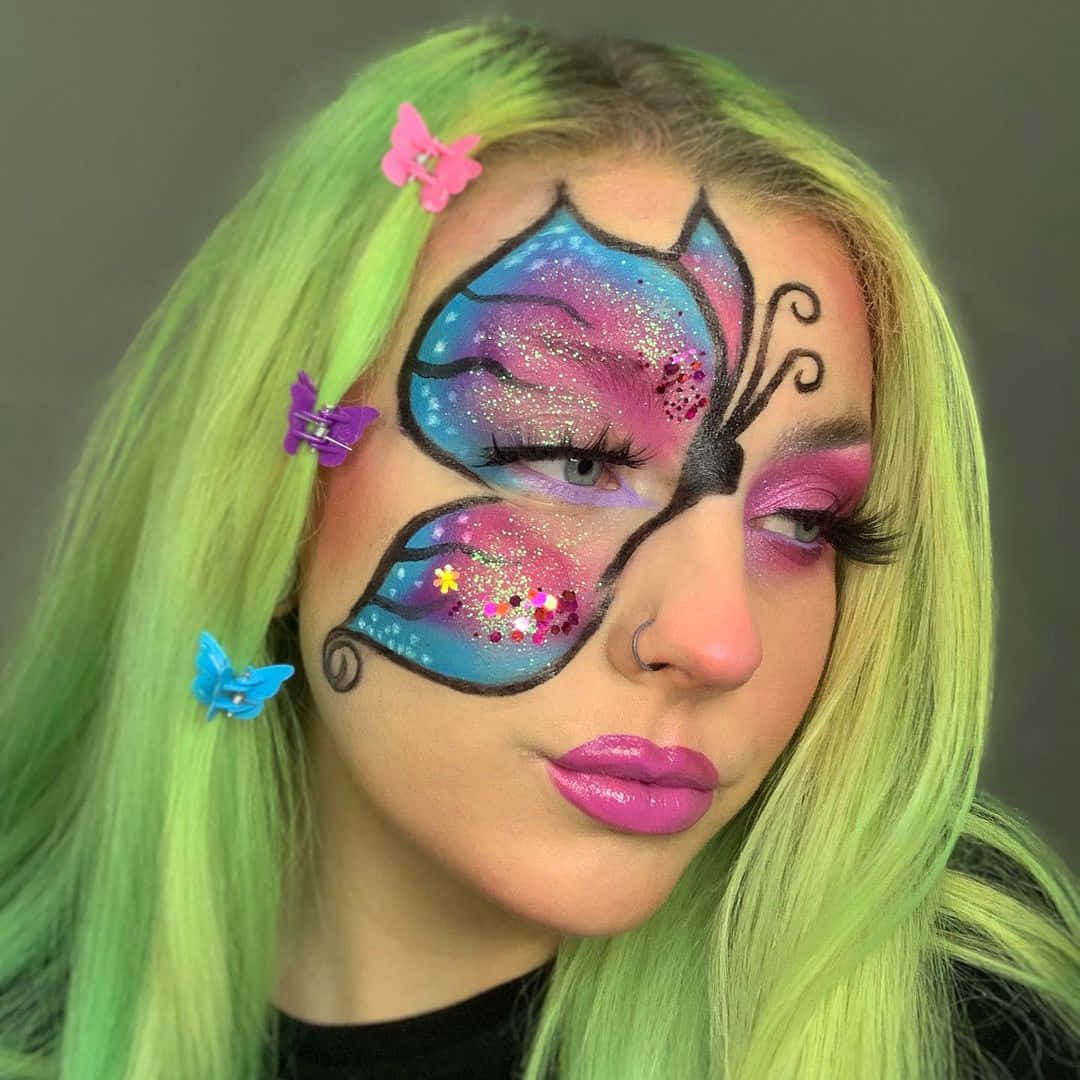 neon green hair, vibrant butterfly face paint, glitter, SD Desktop Wallpaper