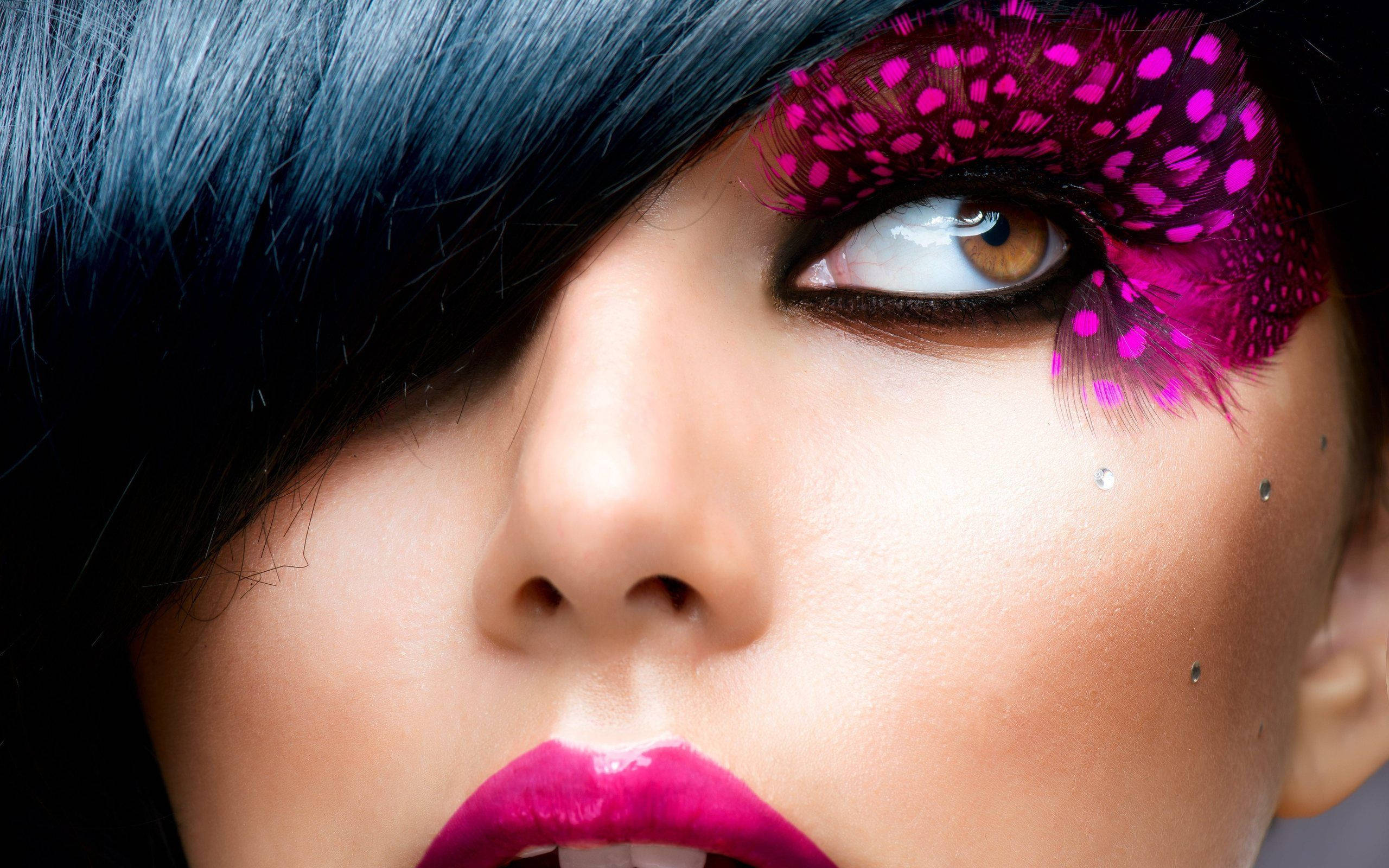 magenta feathered eyelashes, matching lips, dramatic black hair, 2K Desktop Wallpaper