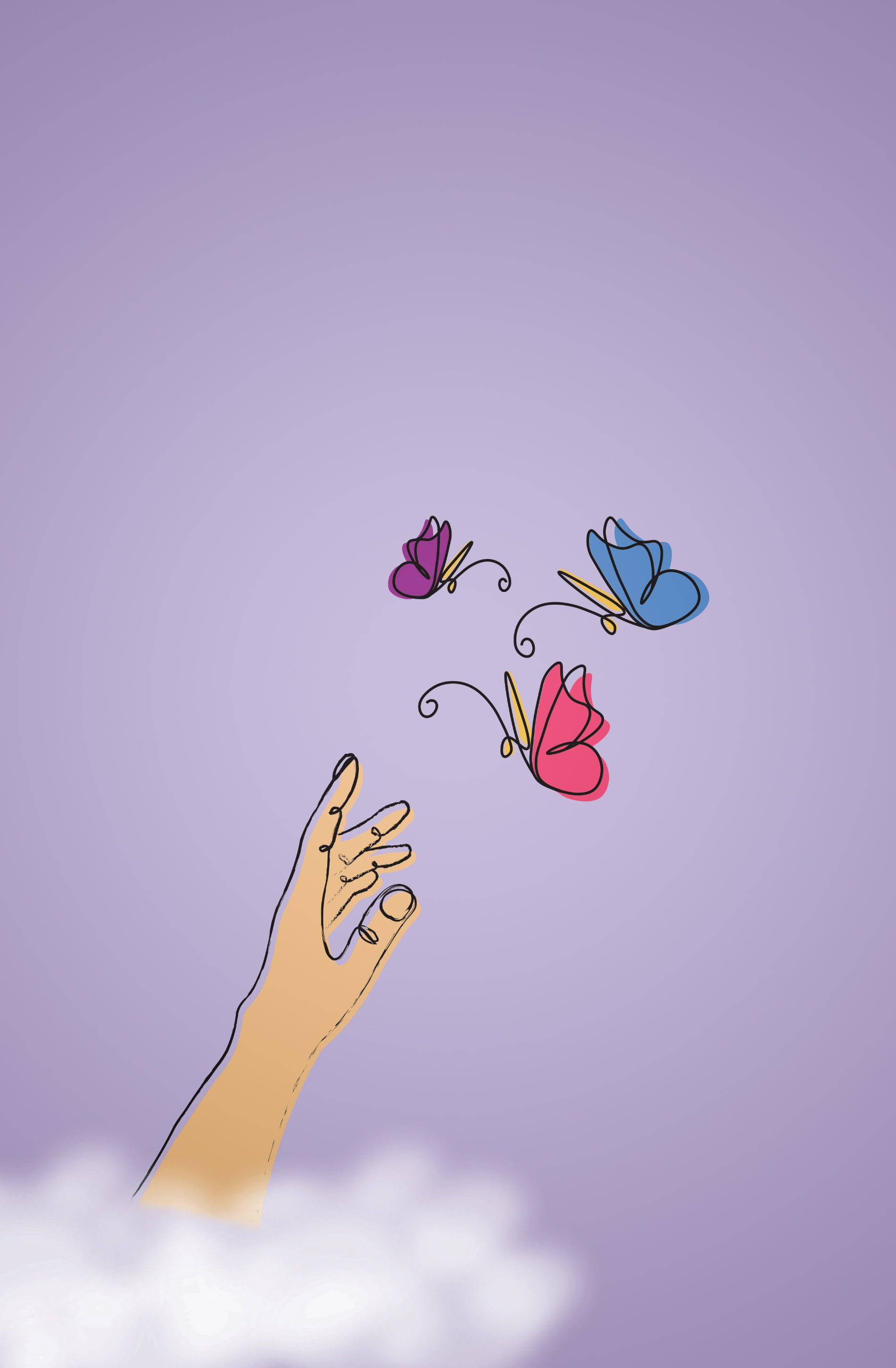 purple pastel aesthetic, three colorful butterflies, soft lavender sky, 2K Phone Wallpaper