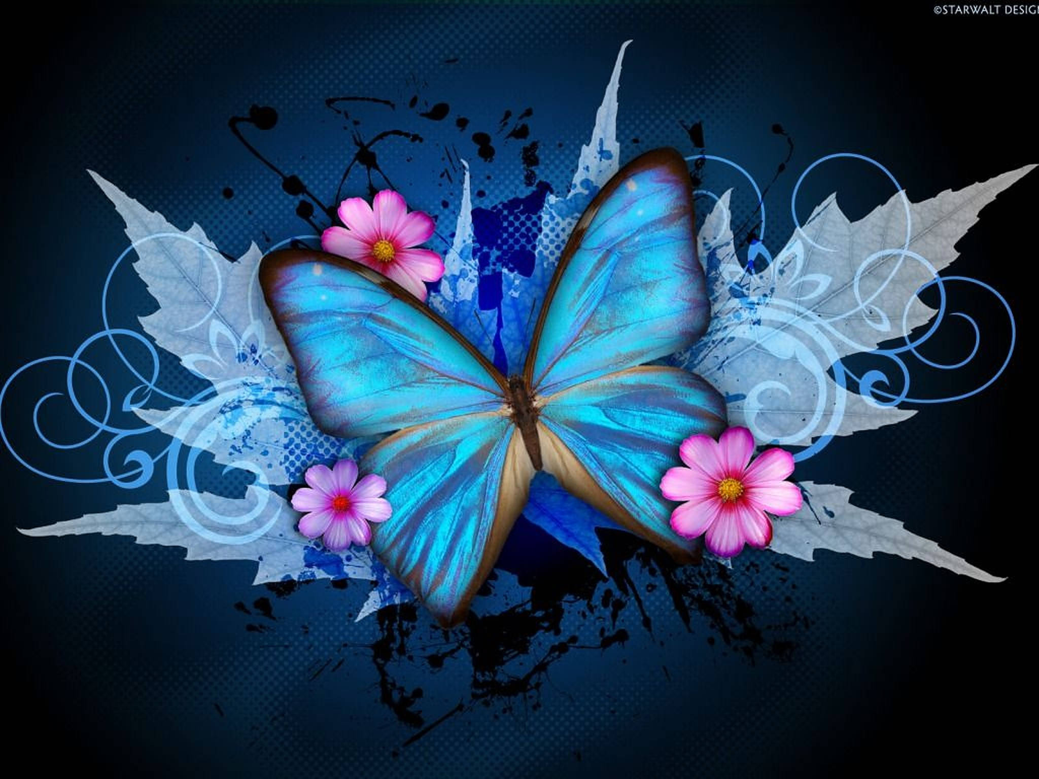 blue butterfly, pink flowers, silver swirls, Full HD Desktop Wallpaper