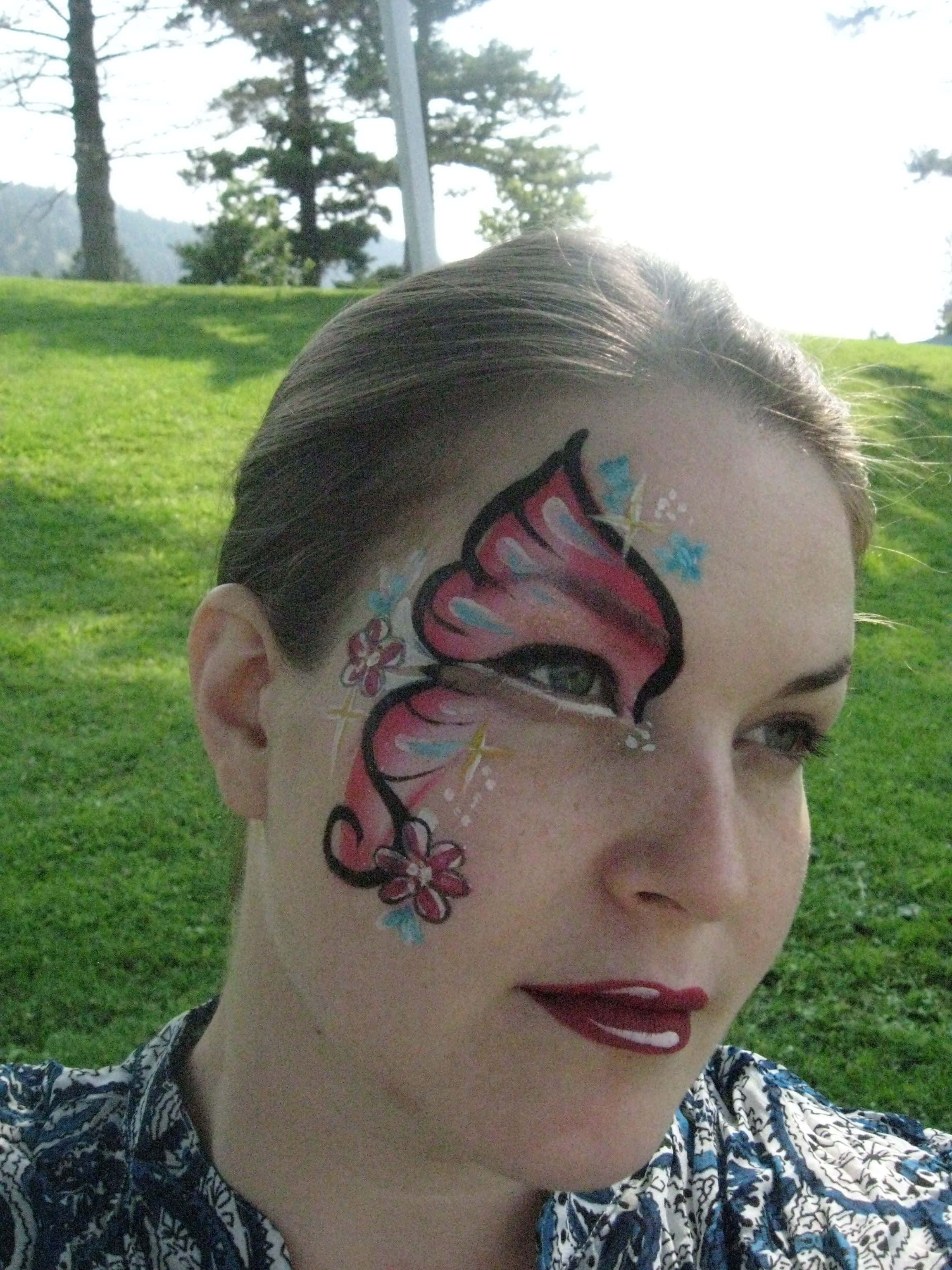 butterfly face paint, sunny day, grassy hill, 2K Phone Wallpaper