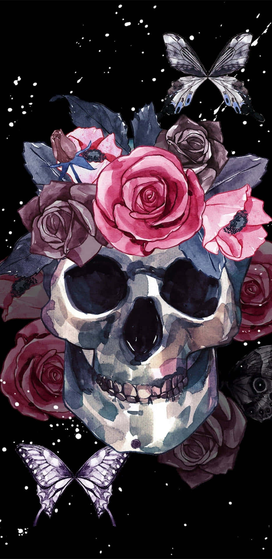 floral skull, pink and purple roses, butterflies, Full HD Phone Wallpaper