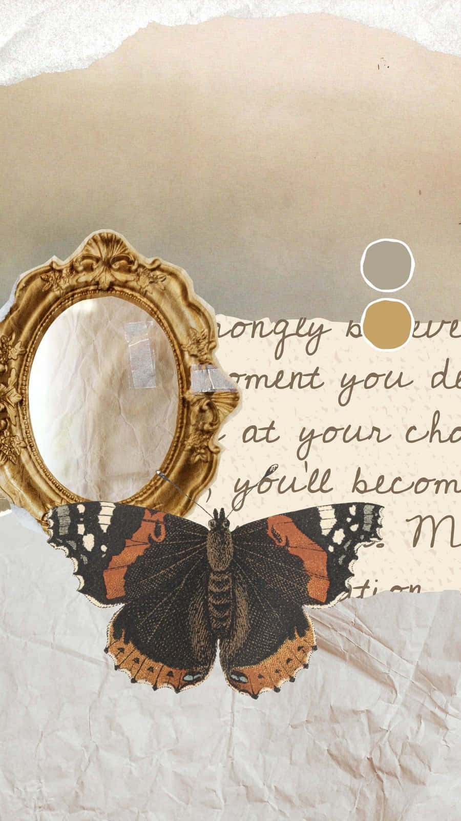 beige butterfly, vintage mirror, gold mirror, HD Phone Wallpaper