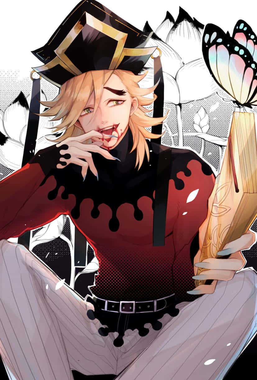 stylized anime character, blonde hair, black hat, SD Phone Wallpaper