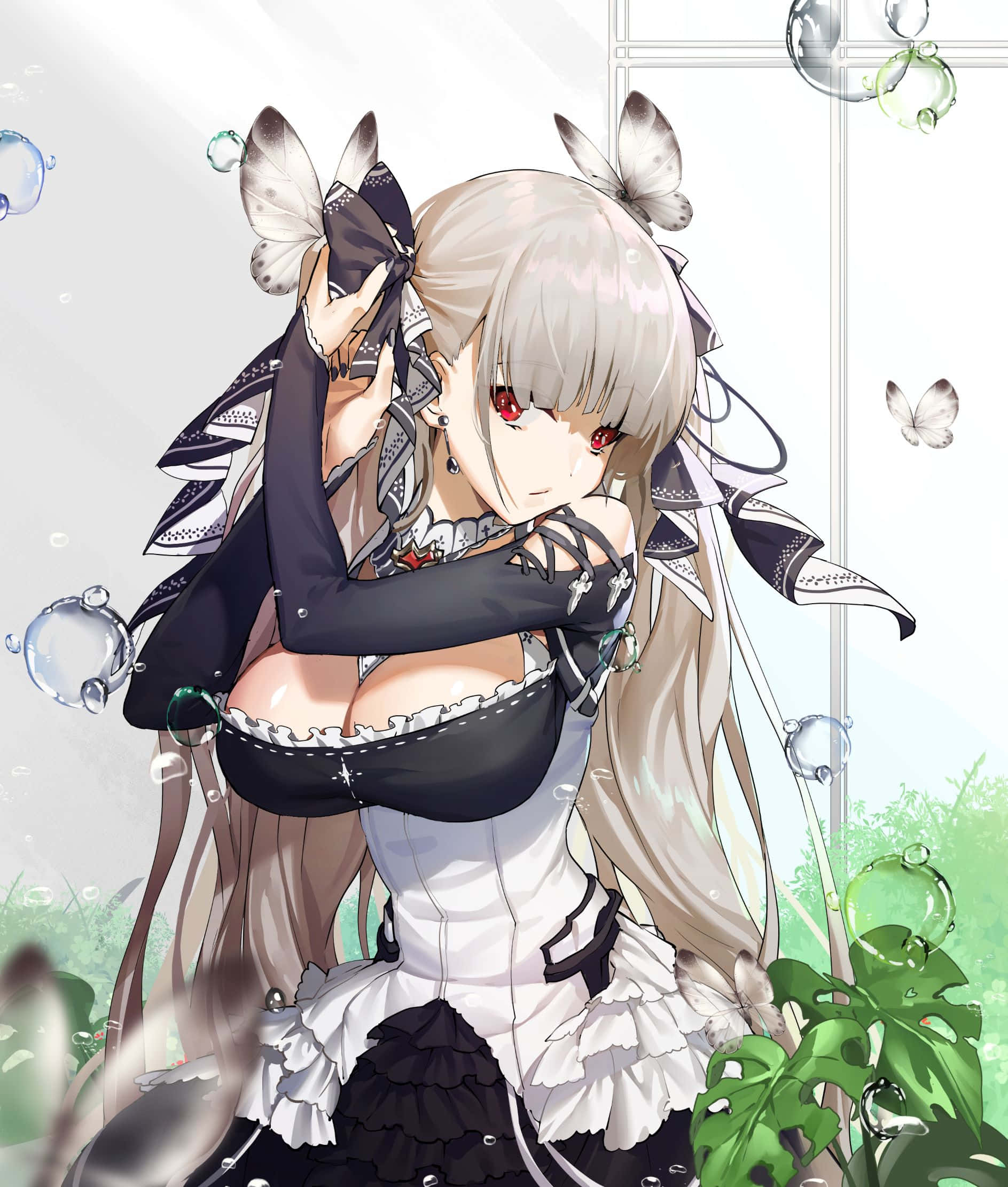 elegant anime maiden, black and white maid outfit, butterflies, Full HD Phone Wallpaper