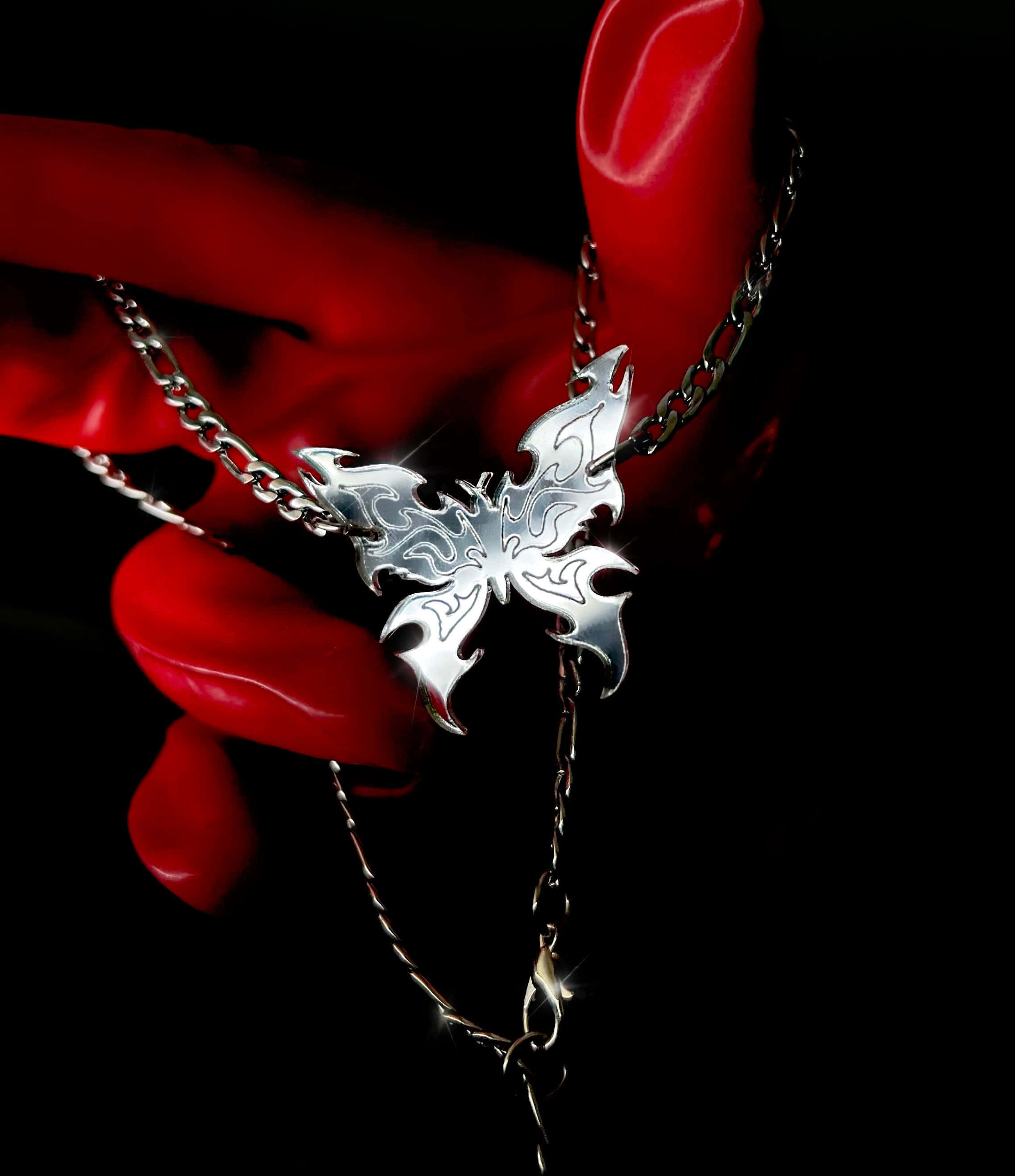 Gothic Butterfly Necklace, silver butterfly pendant, vivid red hand, 2K Phone Wallpaper