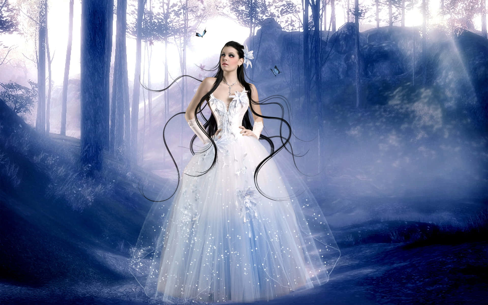 Butterfly Fancy Dress, sparkling white gown, misty blue forest, Full HD Desktop Wallpaper