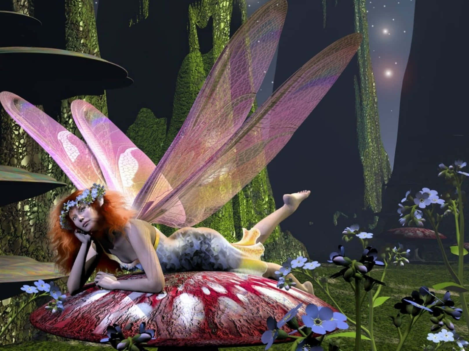 Butterfly Fancy Dress, glowing pink wings, giant red mushroom, HD Desktop Wallpaper