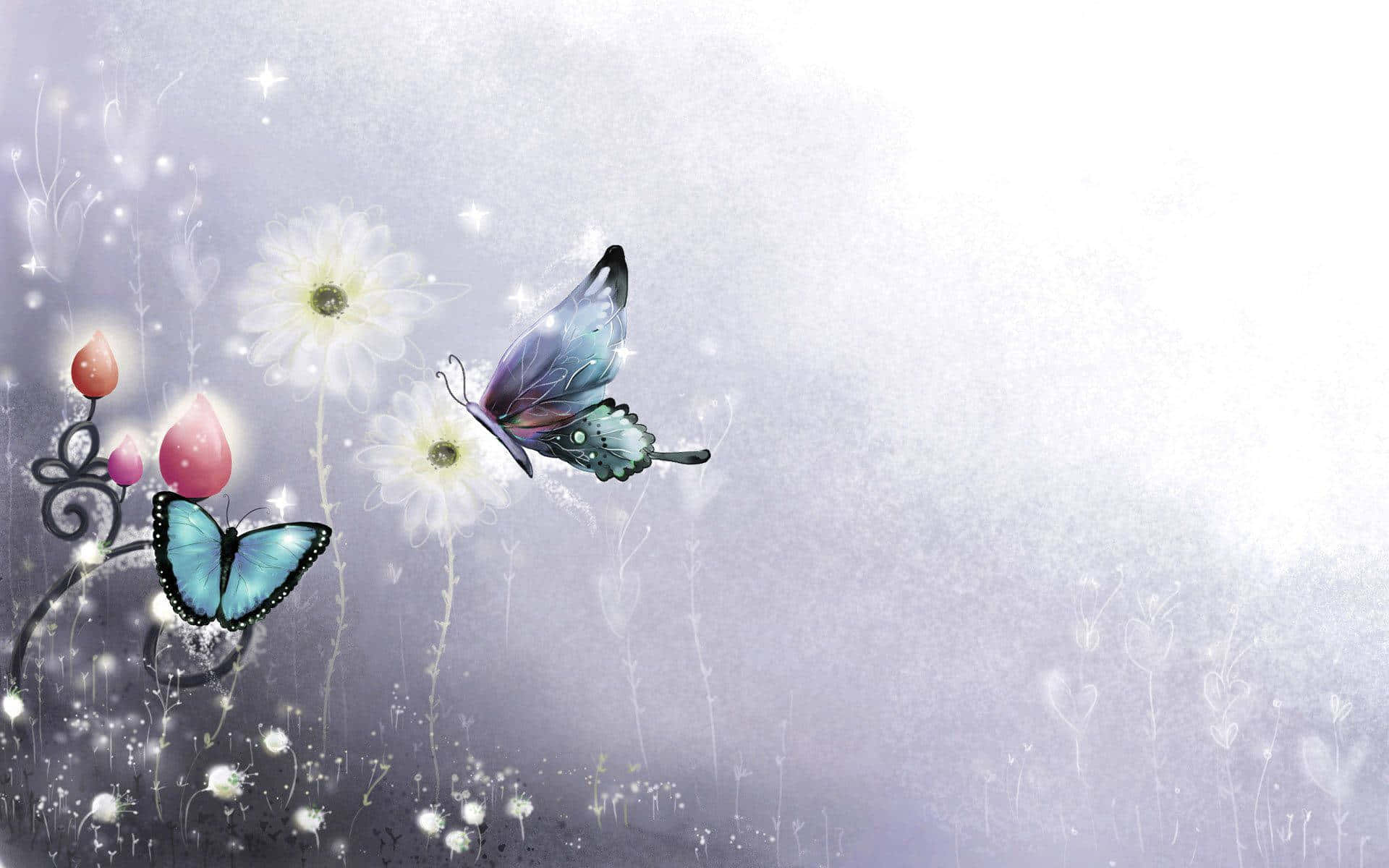Enchanted Garden Butterflies, glowing pink buds, white daisies, Full HD Desktop Wallpaper