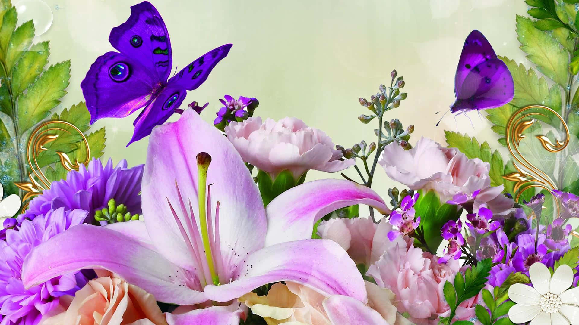 Flowers And Butterflies Garden Makeover, purple butterflies, pink lilies, Full HD Desktop Wallpaper