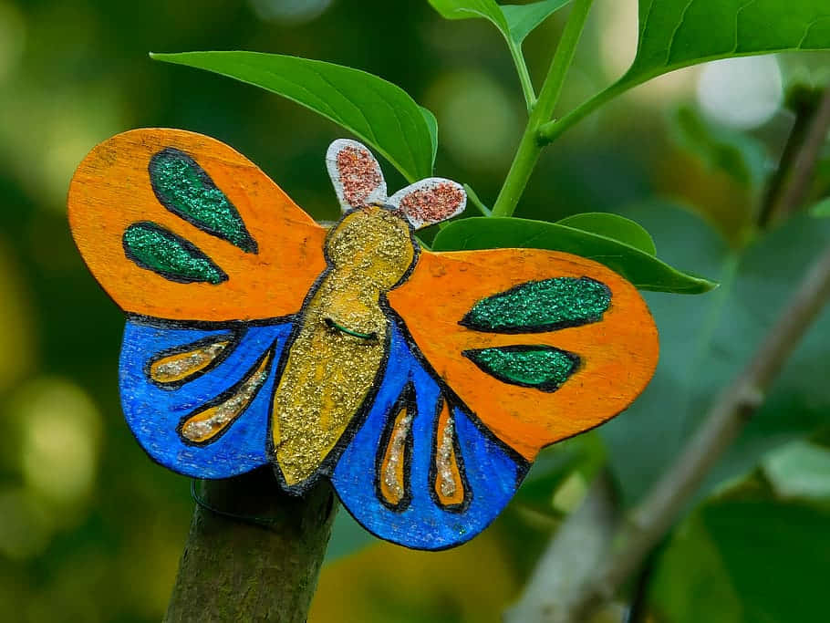 colorful butterfly garden decoration, hand-painted wooden butterfly, orange blue and green glitter wings, SD Desktop Wallpaper