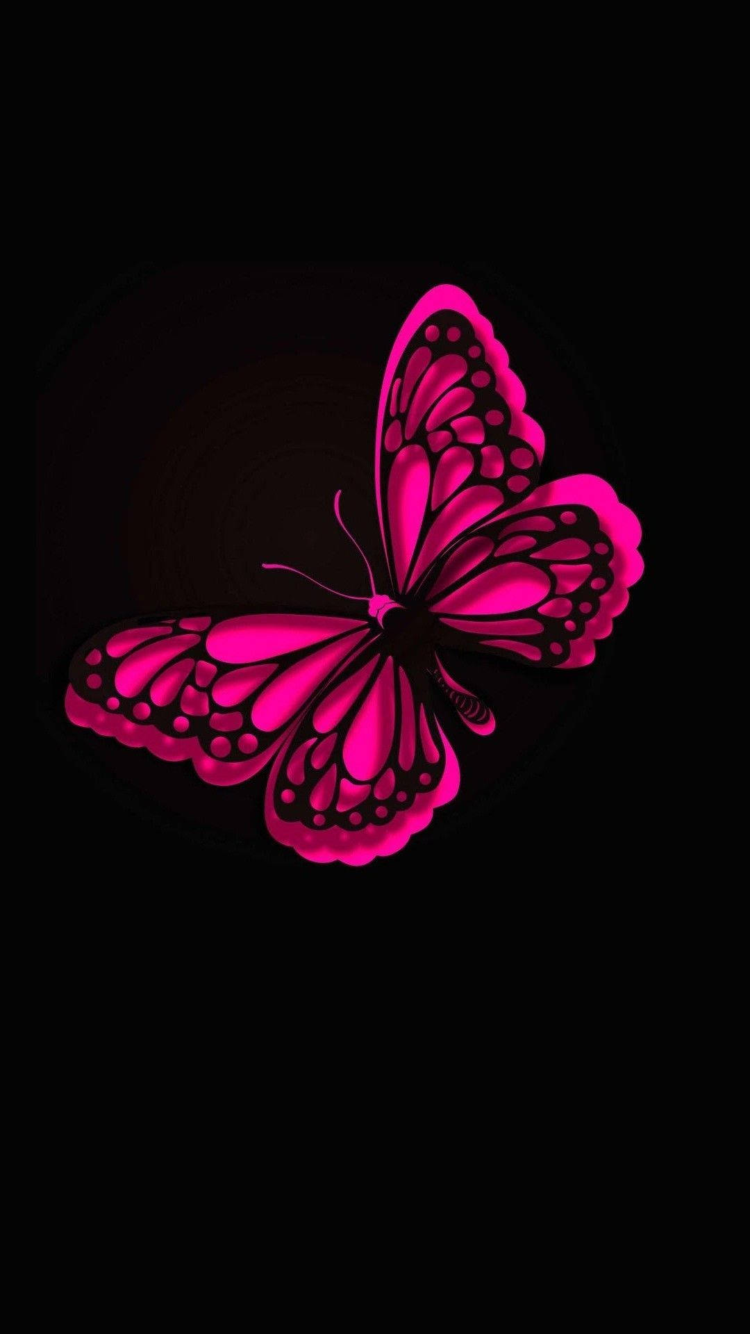 glowing hot pink butterfly, intricate wing patterns, deep black background, Full HD Phone Wallpaper
