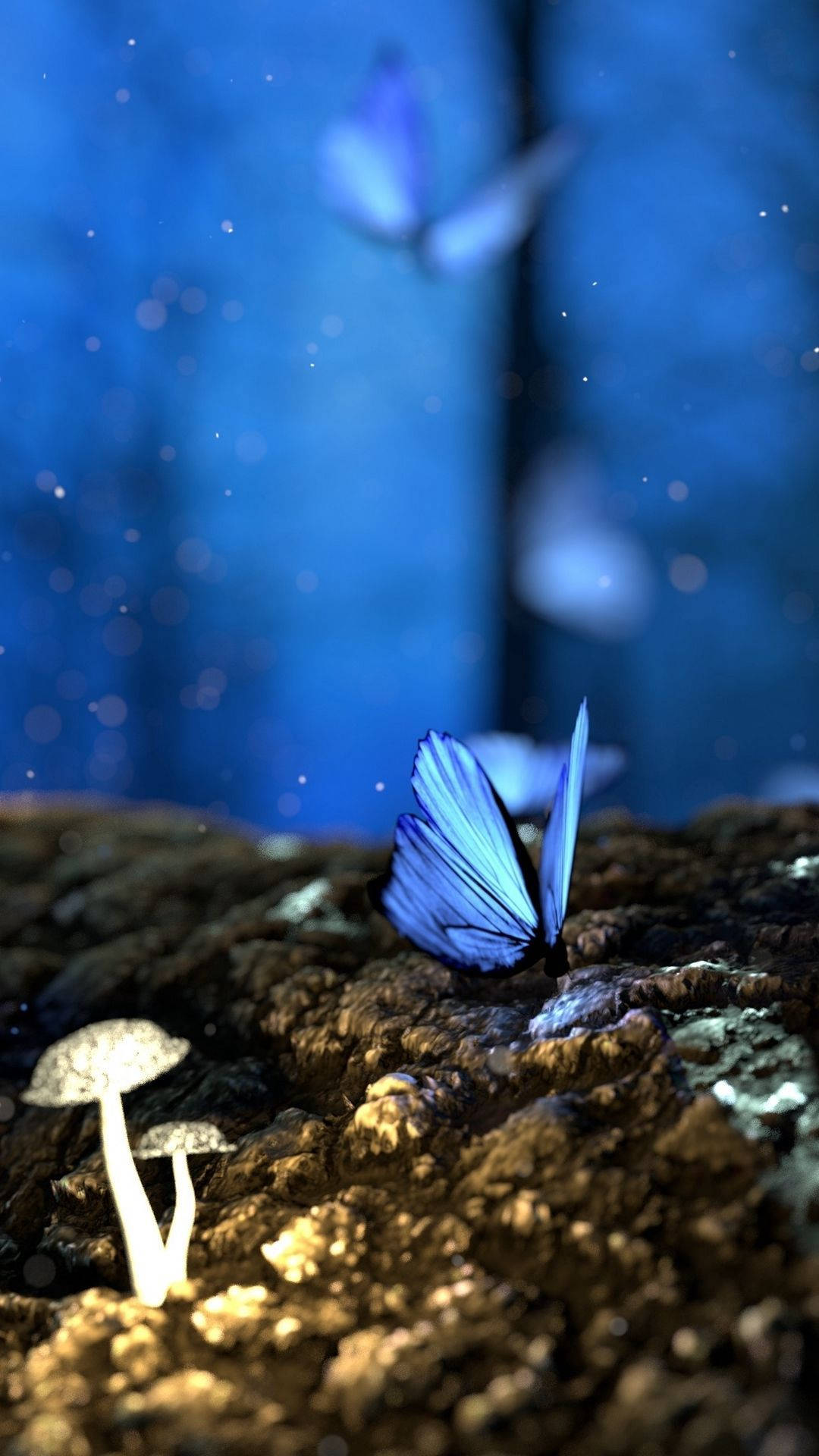 Bewitching Butterfly iPhone Theme Display, glowing blue butterfly, textured bark, Full HD Phone Wallpaper