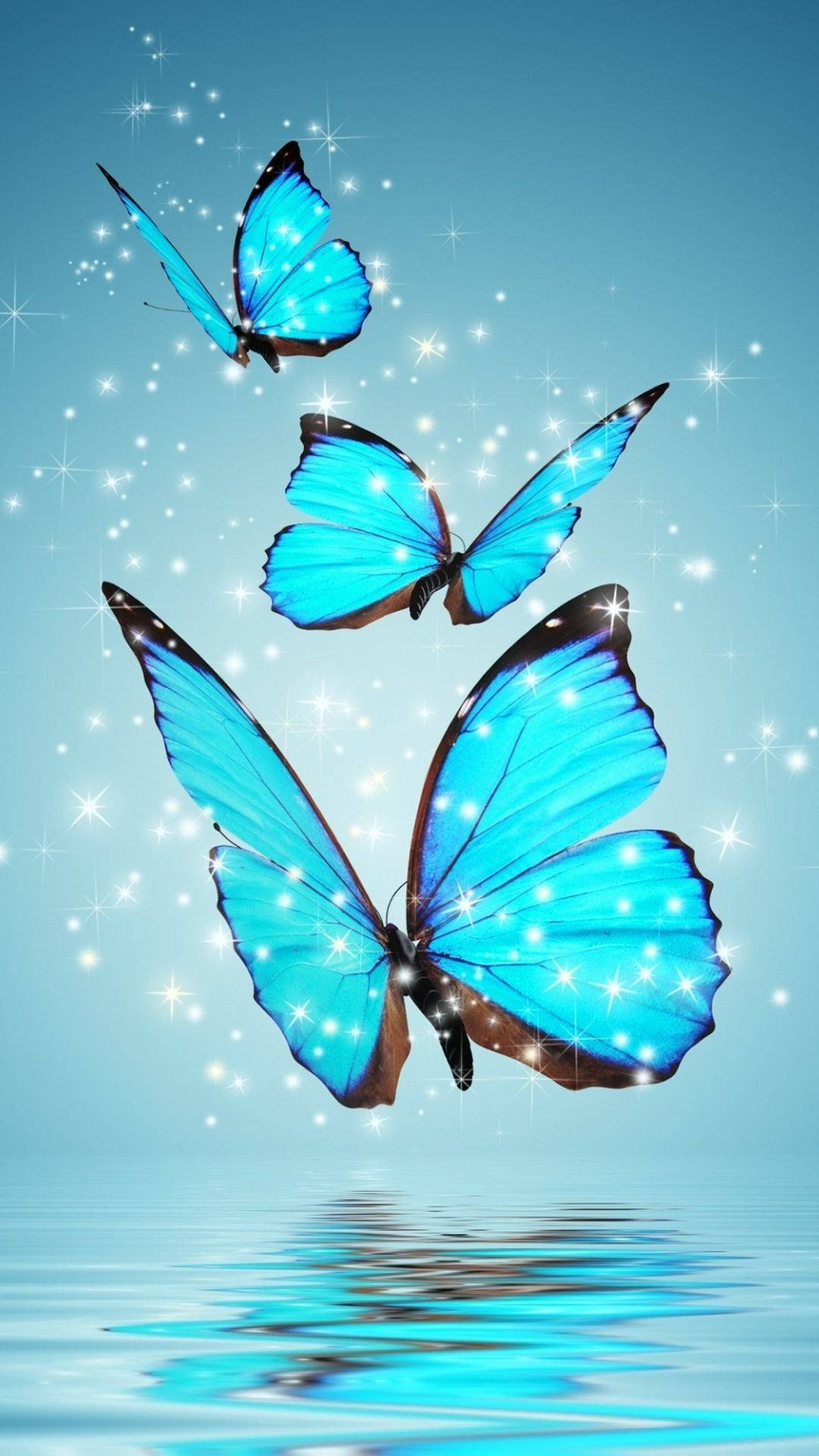 glowing blue butterflies, sparkling wings, rippling water, Full HD Phone Wallpaper