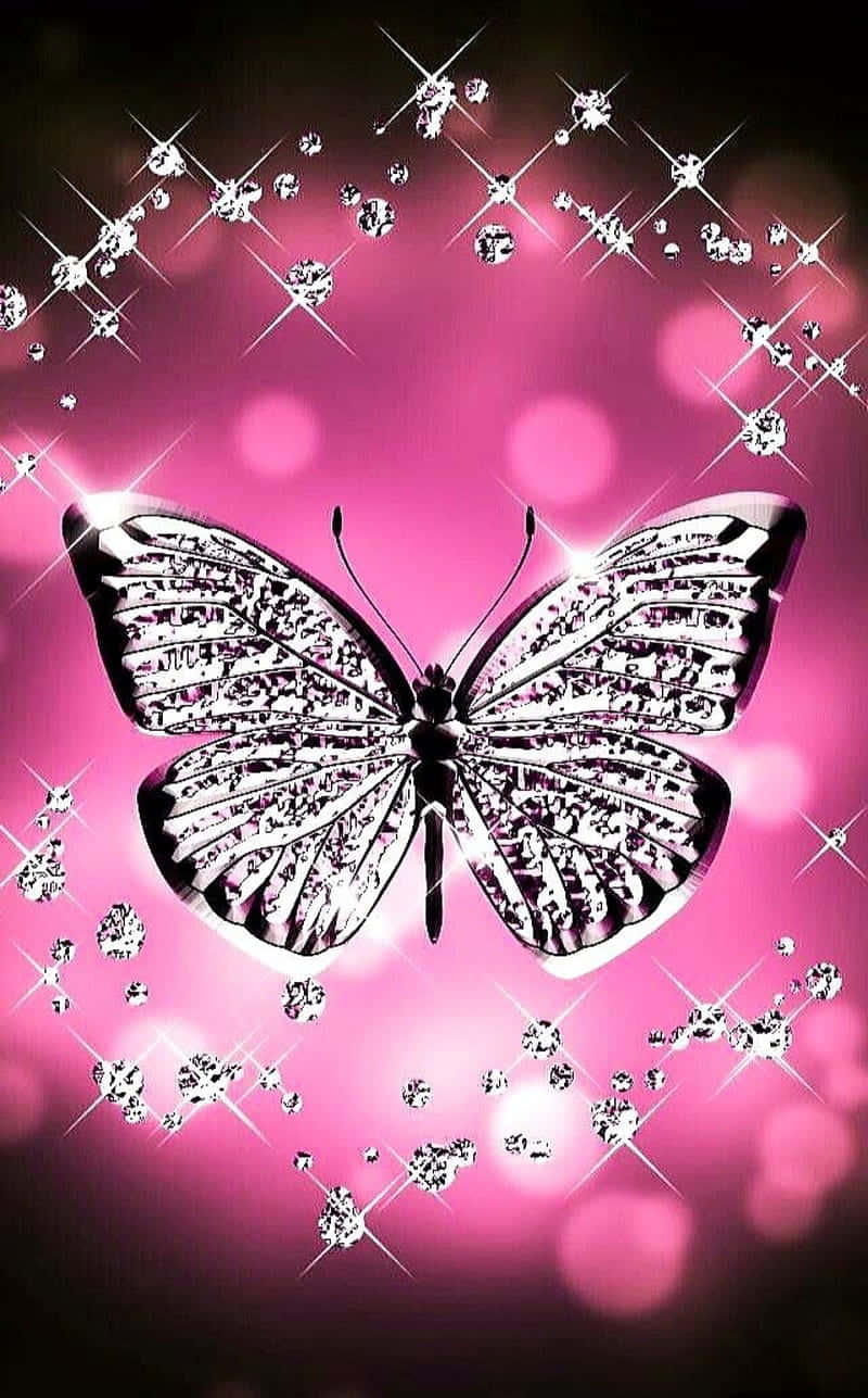 glitter butterfly, diamond-encrusted butterfly, pink bokeh background, HD Phone Wallpaper