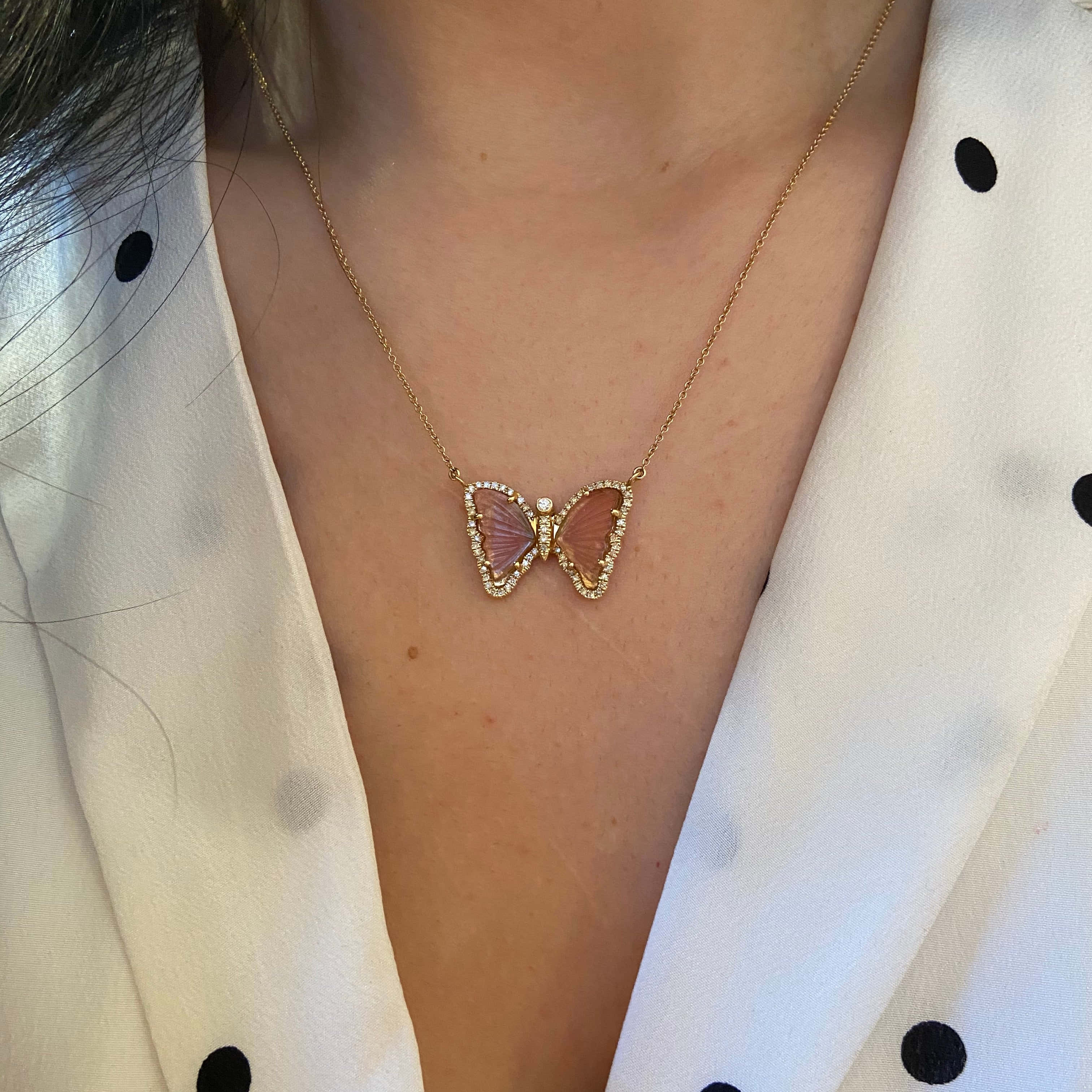 butterfly jewelry, gold butterfly necklace, pink gemstone wings, 2K Desktop Wallpaper