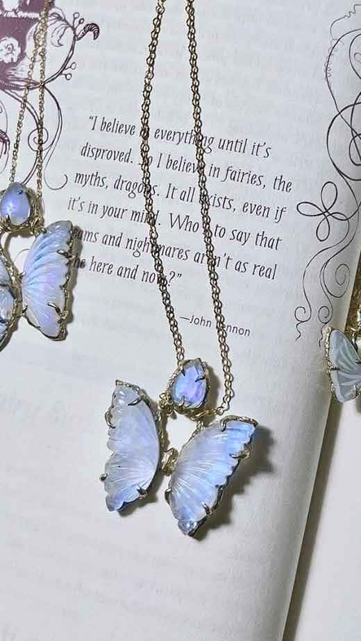 butterfly jewelry, blue butterfly necklaces, open book page, SD Phone Wallpaper