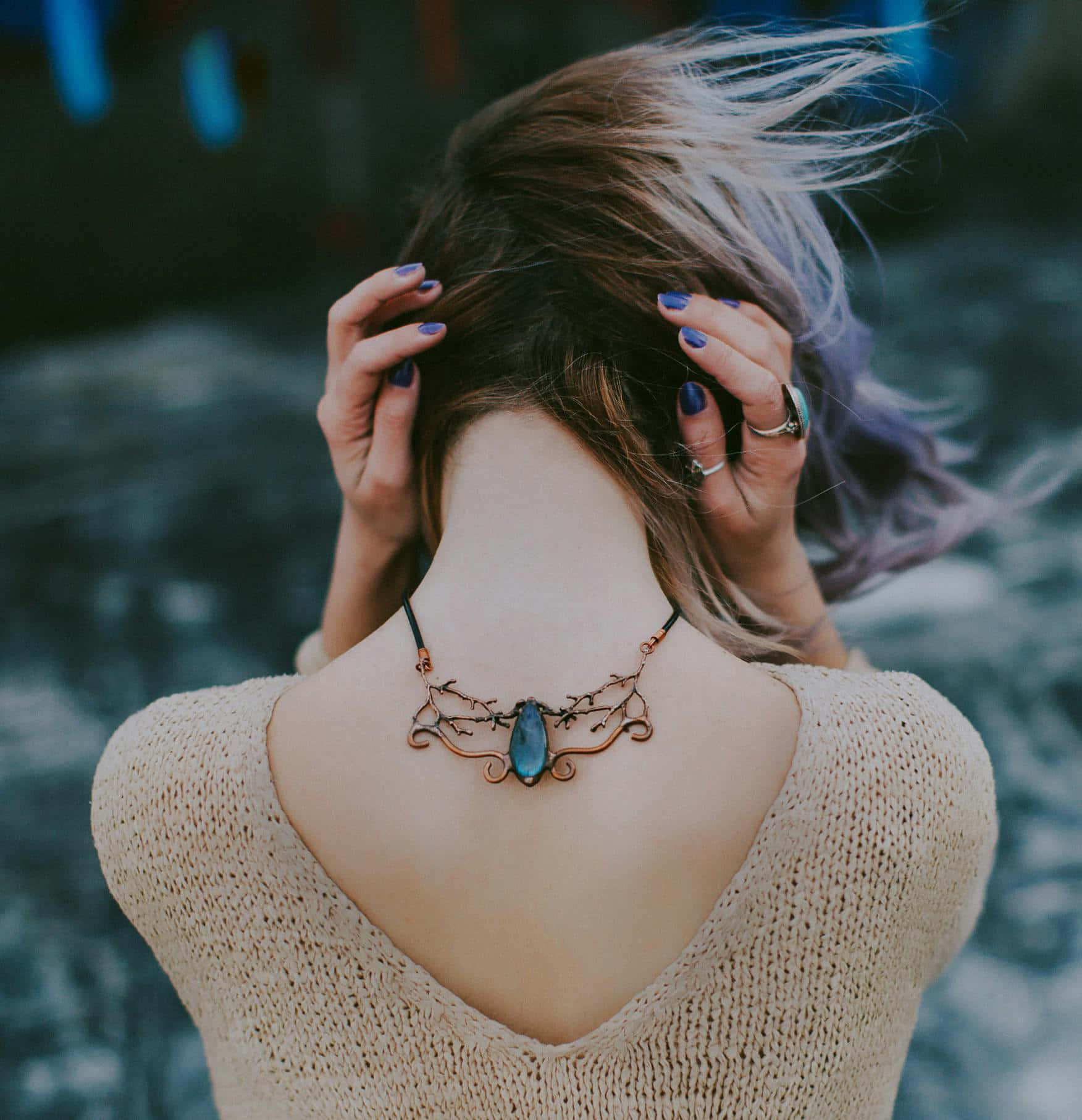 copper necklace, blue stone, windblown hair, HD Phone Wallpaper