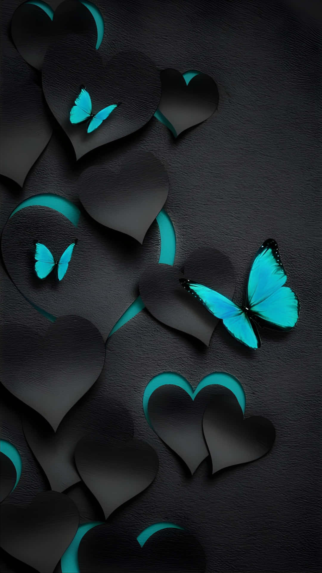 turquoise butterflies, matte black paper hearts, glowing teal edges, Full HD Phone Wallpaper