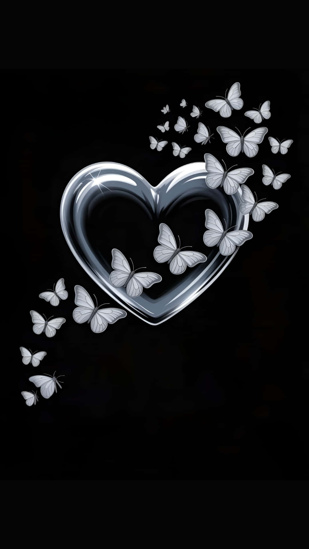 silver heart, butterflies, black background, Full HD Phone Wallpaper