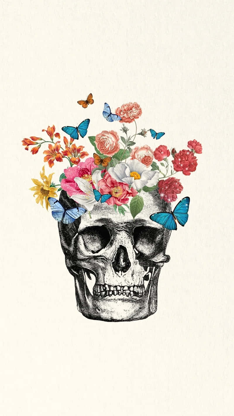 floral skull, blue butterflies, cream background, HD Phone Wallpaper