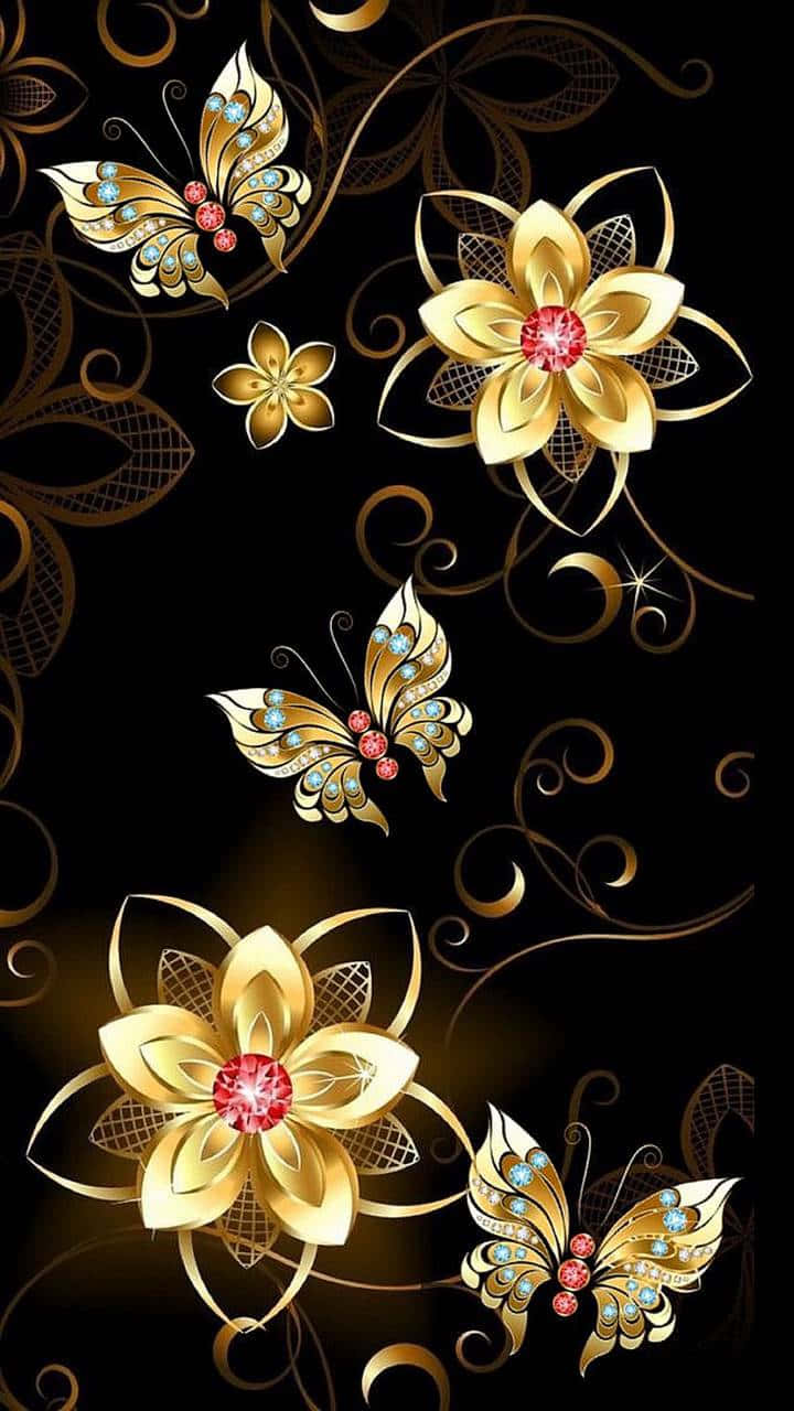 golden butterflies, flowers, red gem centers, HD Phone Wallpaper