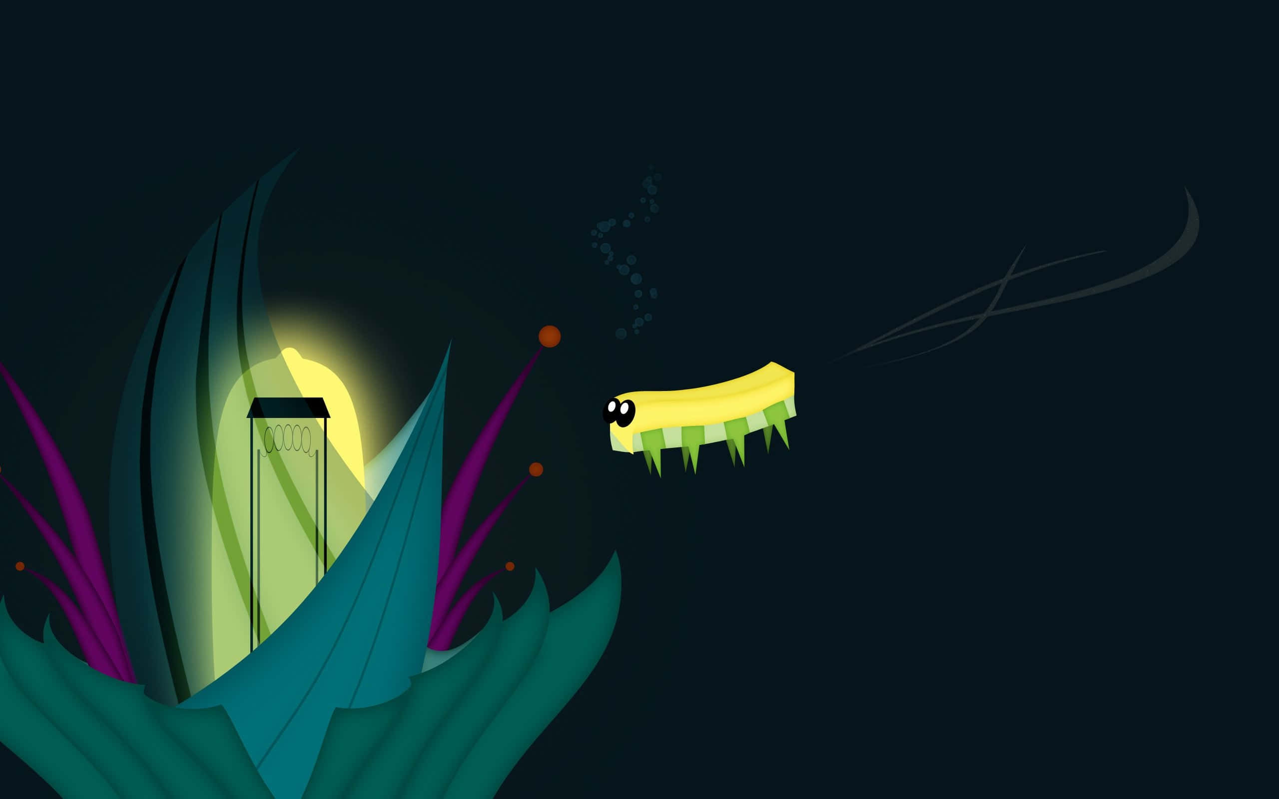 glowing yellow caterpillar, green spikes, dark foliage, 2K Desktop Wallpaper