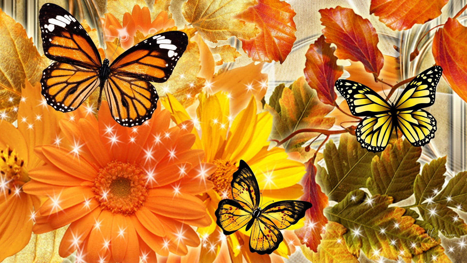 sparkling aesthetic orange butterfly, autumn leaves, glowing flowers, Full HD Desktop Wallpaper