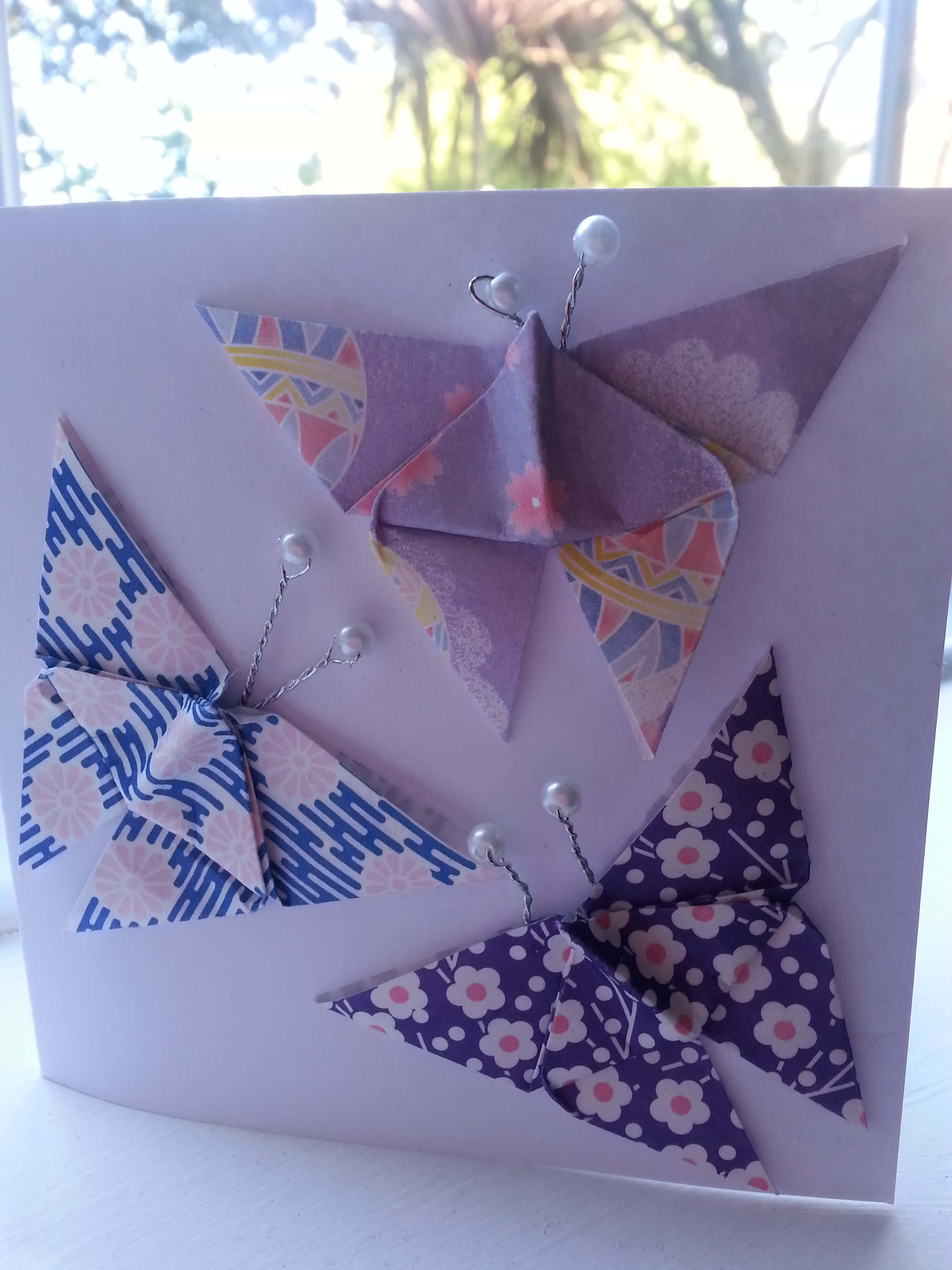 origami butterfly, lavender card, pearl-headed pins, 2K Phone Wallpaper