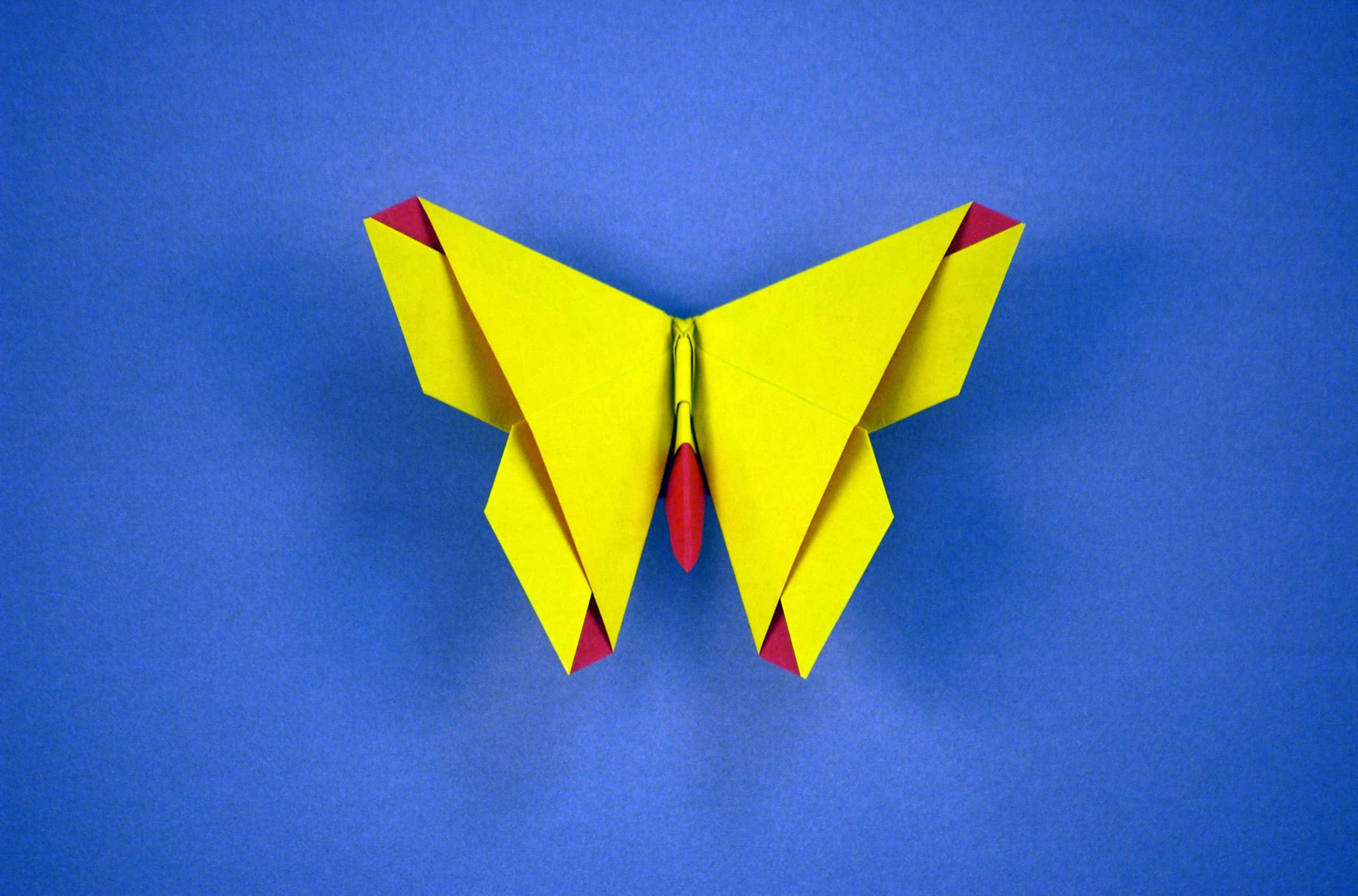 butterfly origami, vibrant yellow, red accents, 2K Desktop Wallpaper