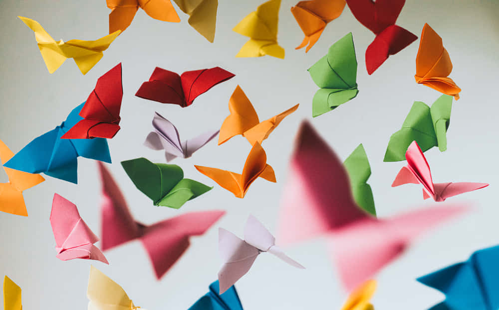 colorful origami paper birds, multicolored paper origami butterflies, soft white background, SD Desktop Wallpaper