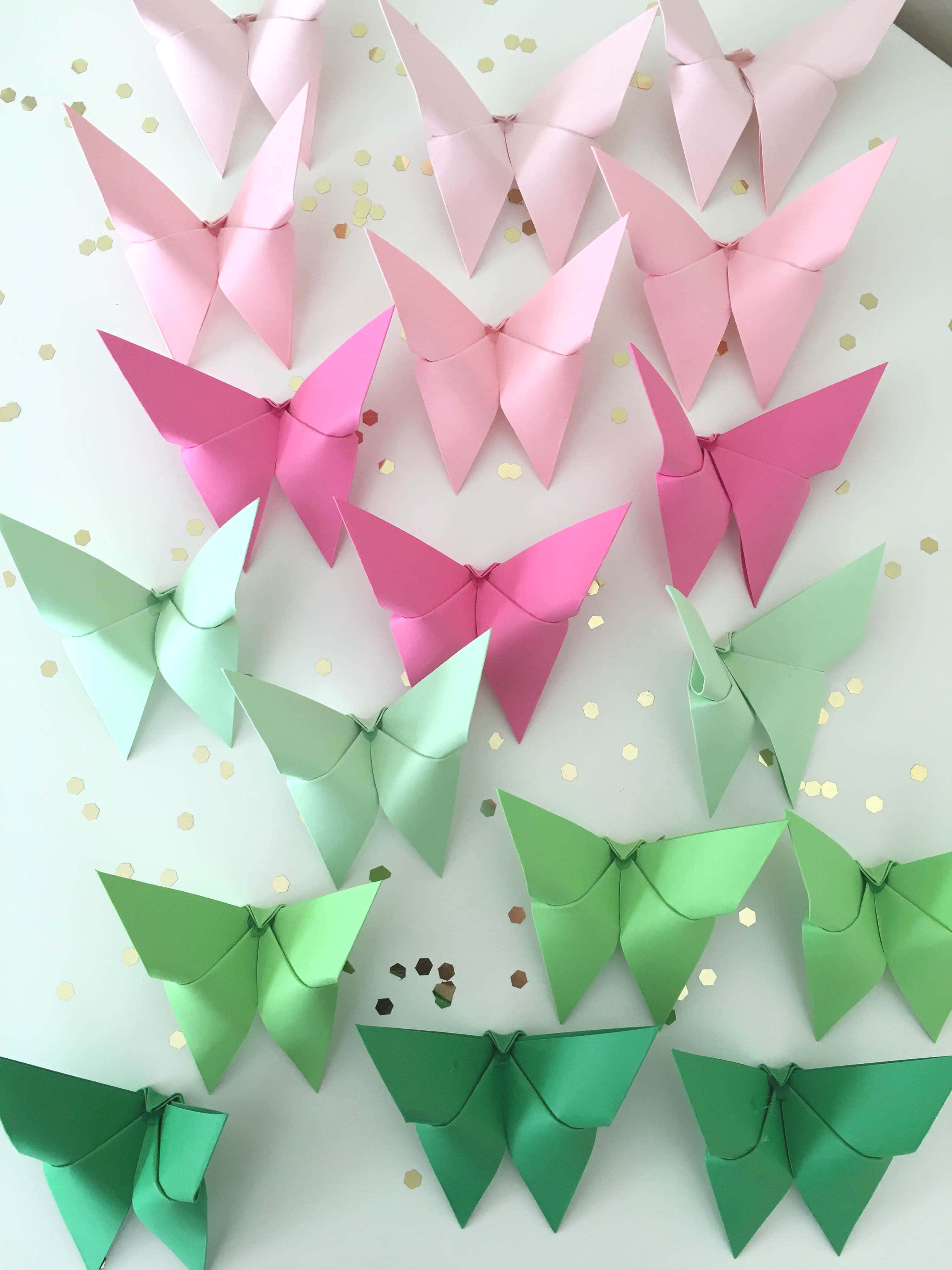butterfly origami, pink and green, white surface, 4K Phone Wallpaper