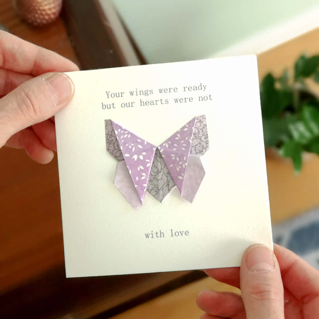 butterfly origami, white card, purple and gray origami butterfly, SD Desktop Wallpaper
