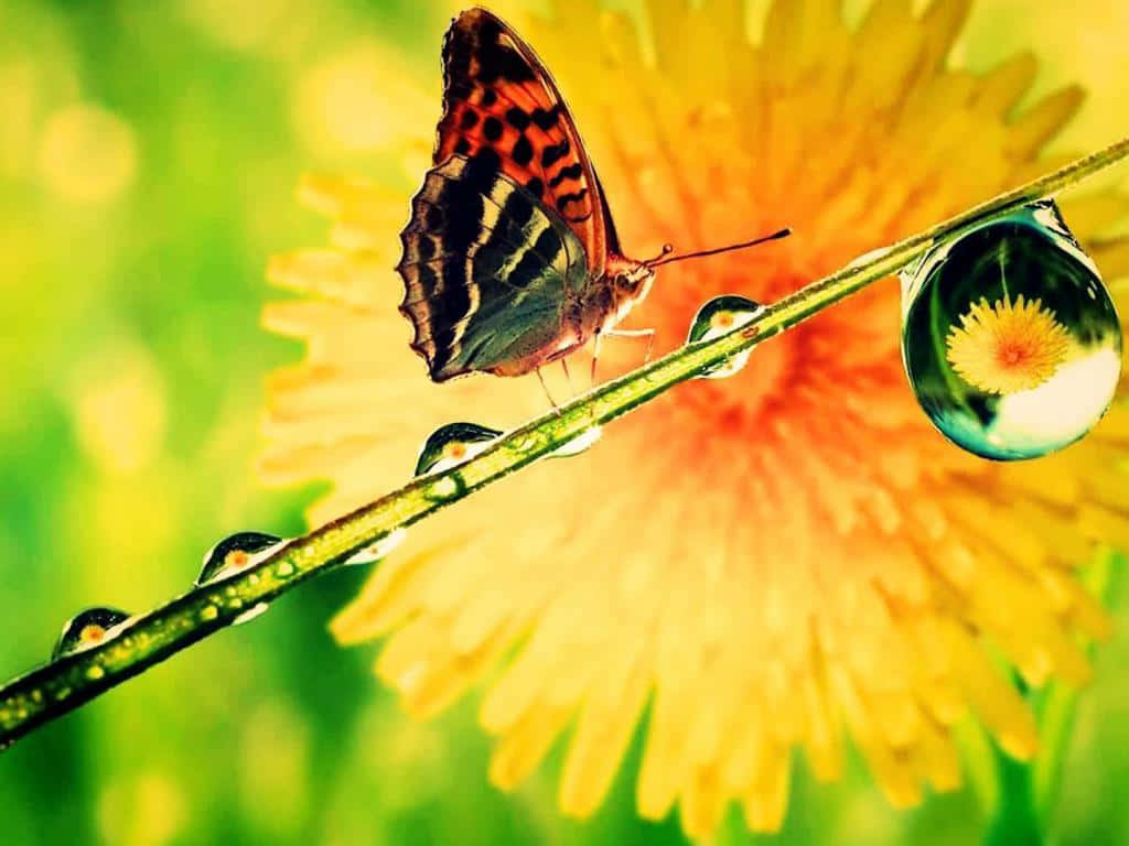butterfly, dew-kissed stem, dandelion, SD Desktop Wallpaper
