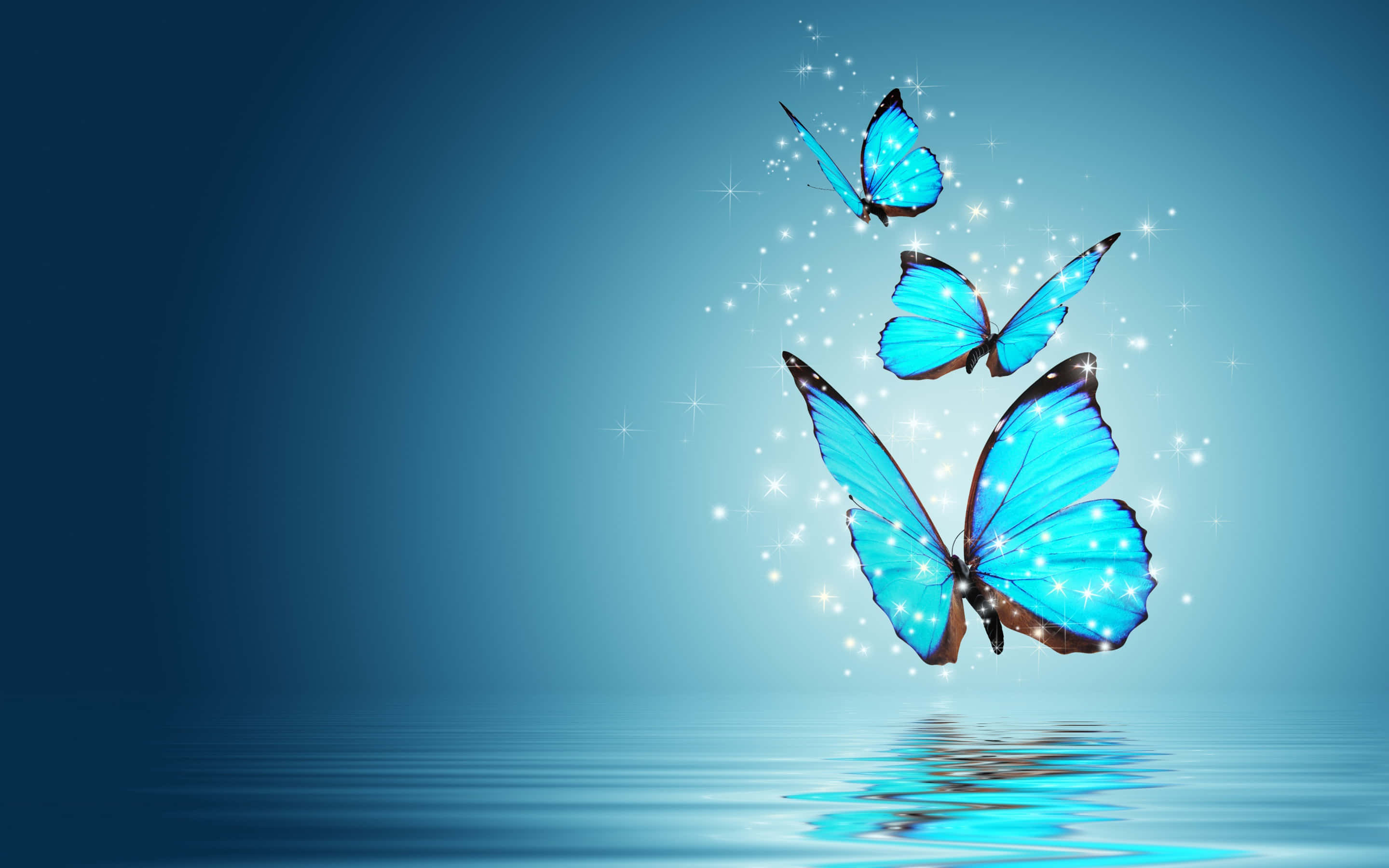 Bright Purple Butterfly, glowing blue butterflies, calm water, 2K Desktop Wallpaper