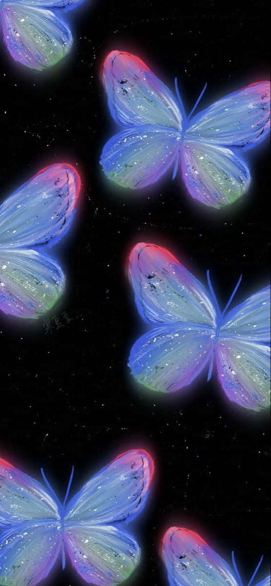 glowing iridescent butterflies, blue purple and red edges, starry black cosmic background, SD Phone Wallpaper