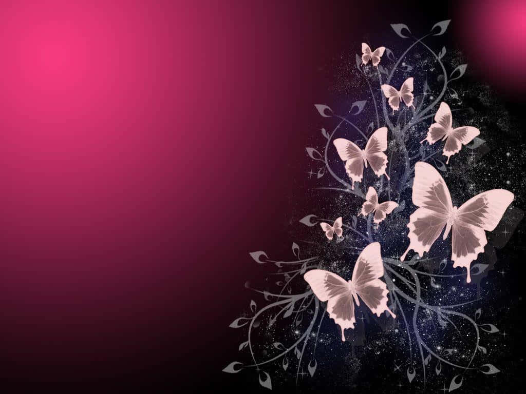 pink and black gradient background, elegant white butterflies, swirling vines, SD Desktop Wallpaper